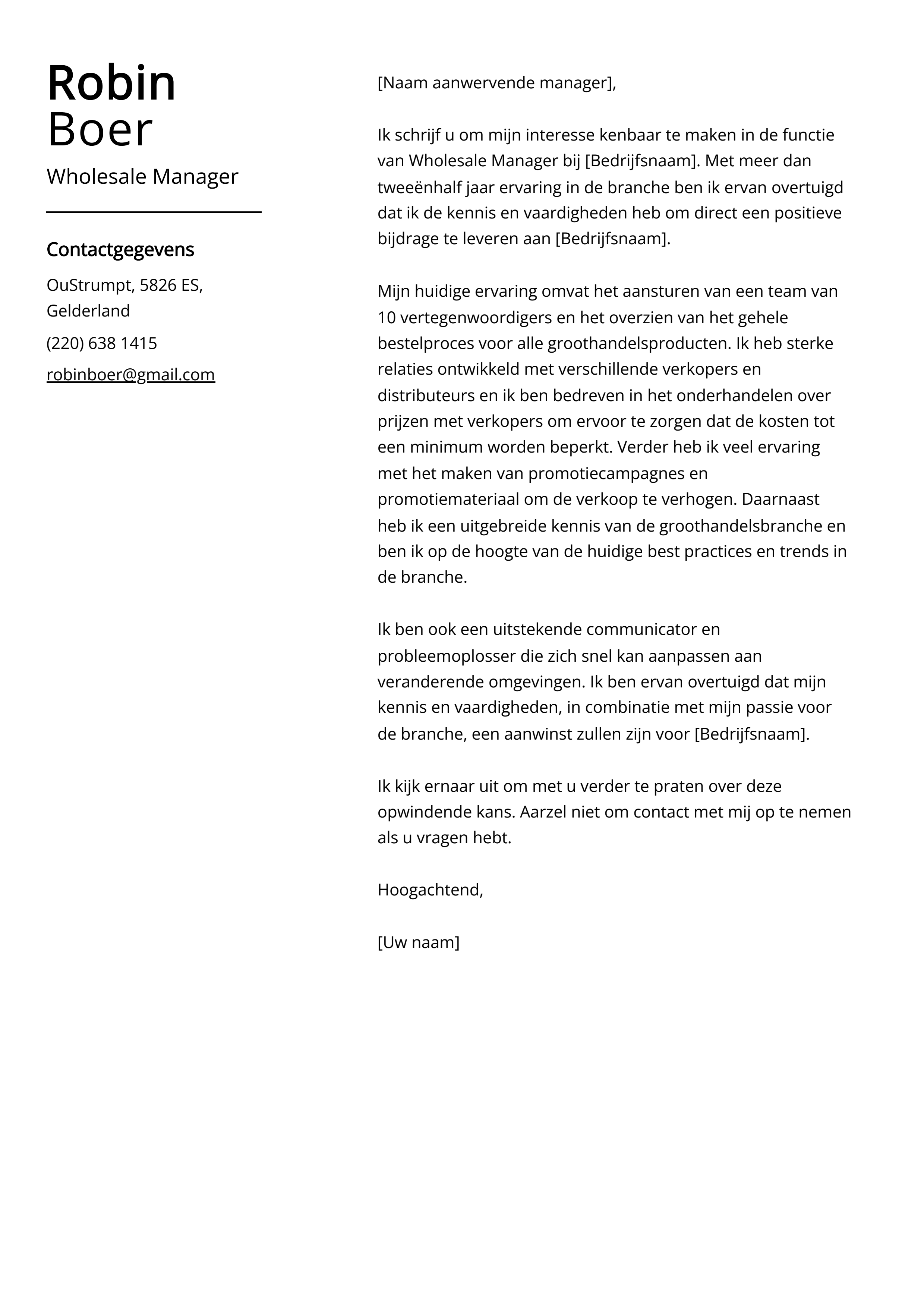 Wholesale Manager Voorbeeld sollicitatiebrief