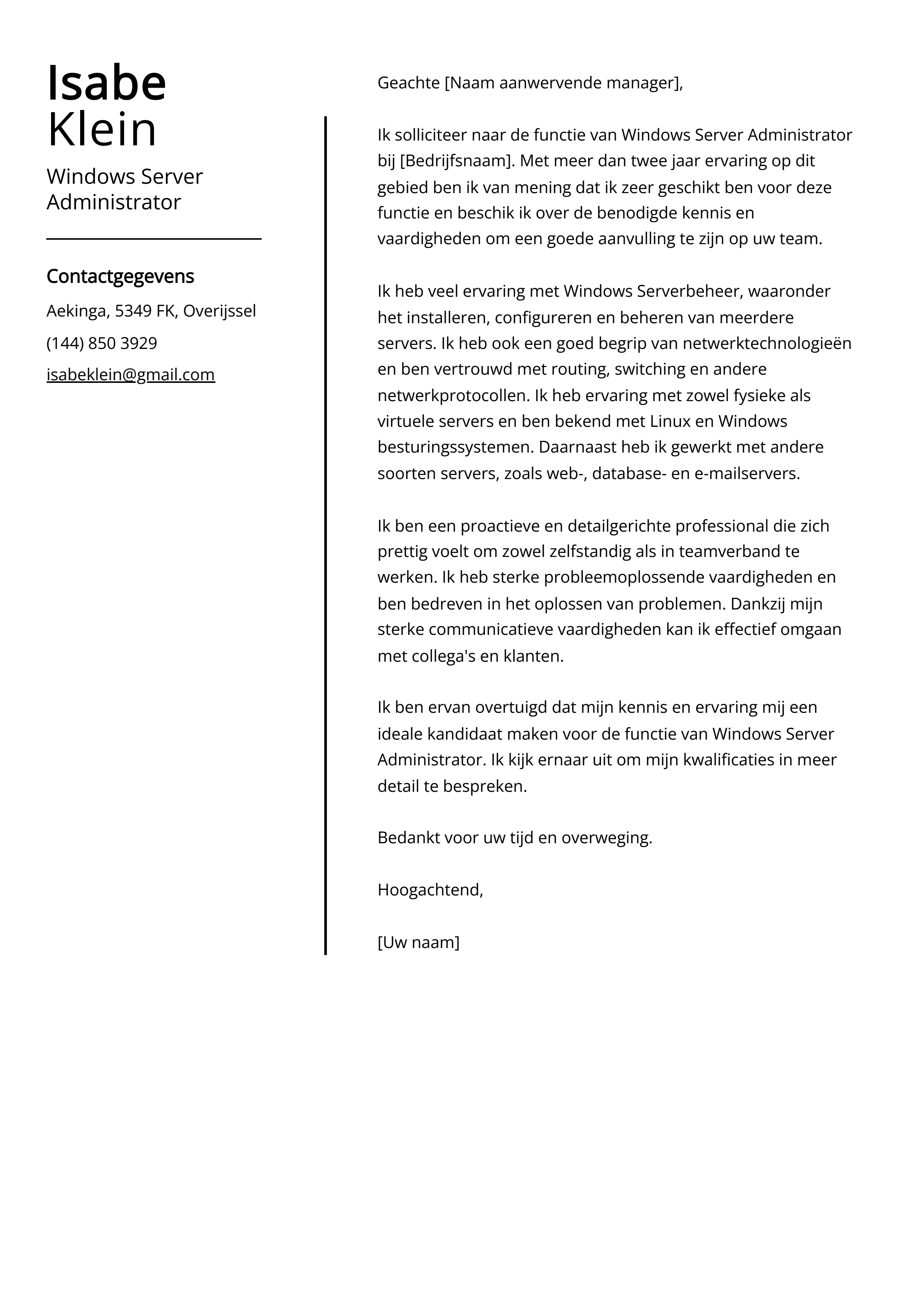 Windows Server Administrator Voorbeeld sollicitatiebrief