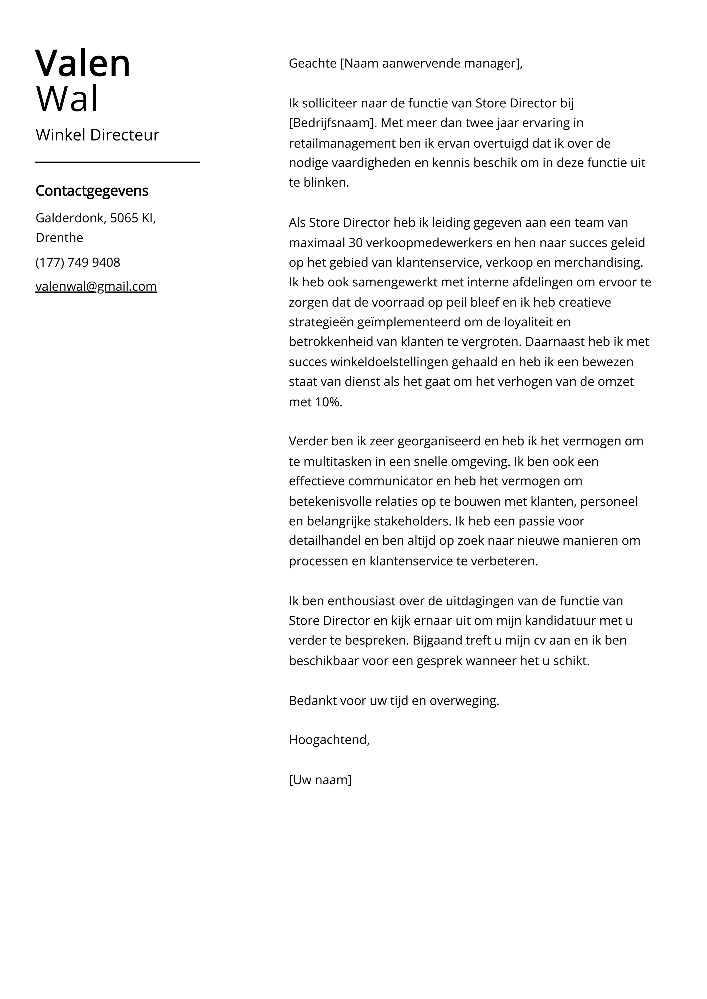 Winkel Directeur Cover Letter Voorbeeld