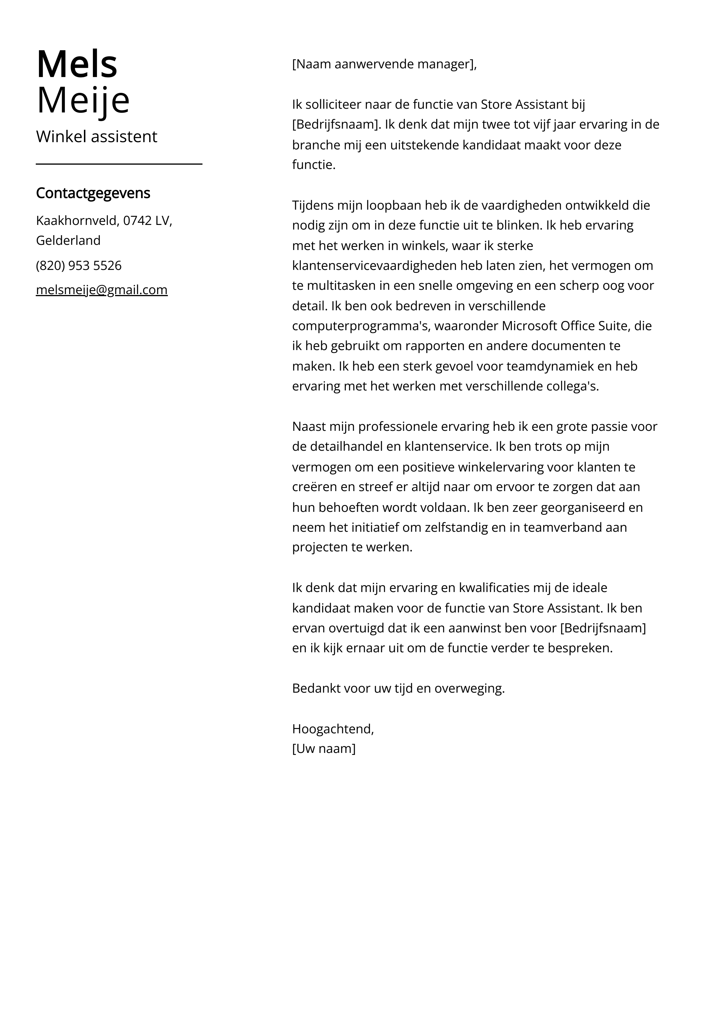 Winkel assistent Cover Letter Voorbeeld