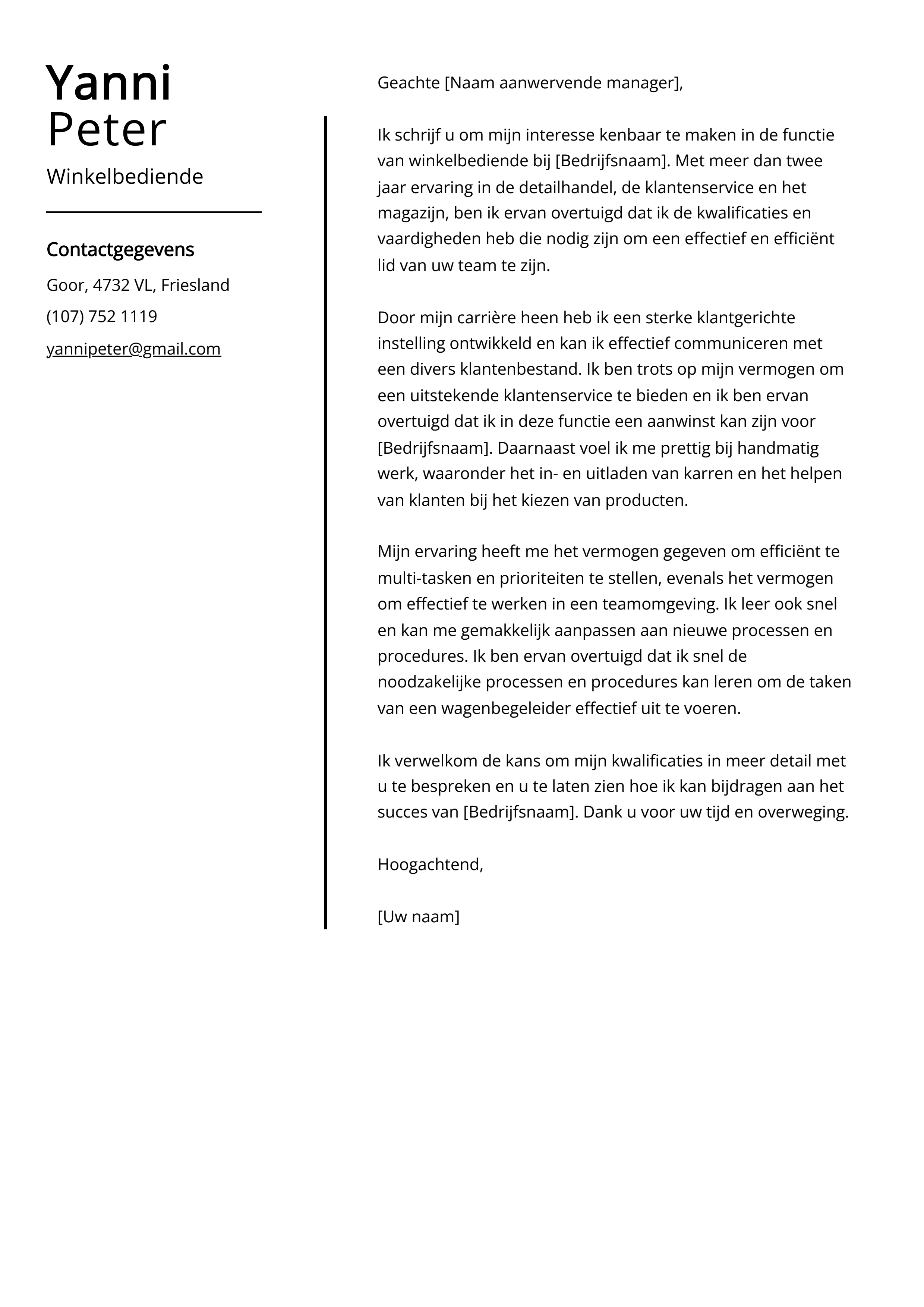 Winkelbediende Sollicitatiebrief Voorbeeld