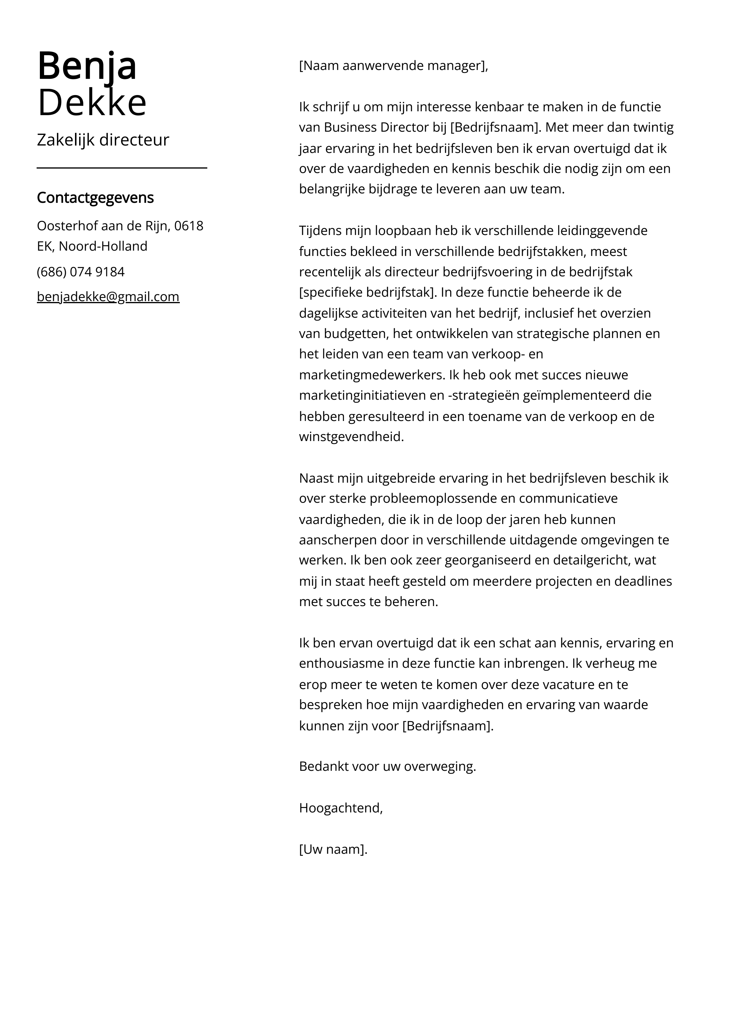 Voorbeeld sollicitatiebrief Zakelijk directeur