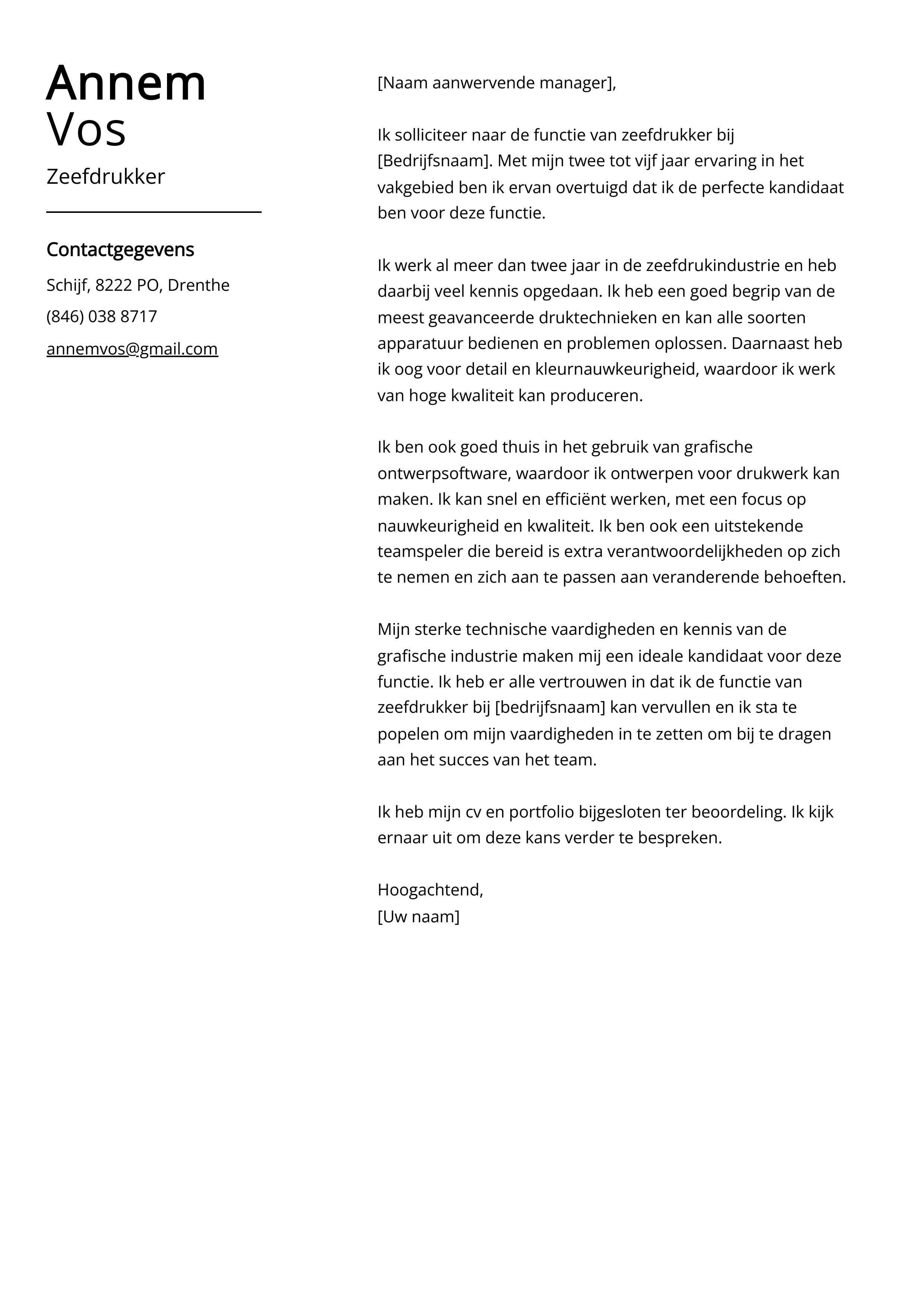 Zeefdrukker Sollicitatiebrief Voorbeeld