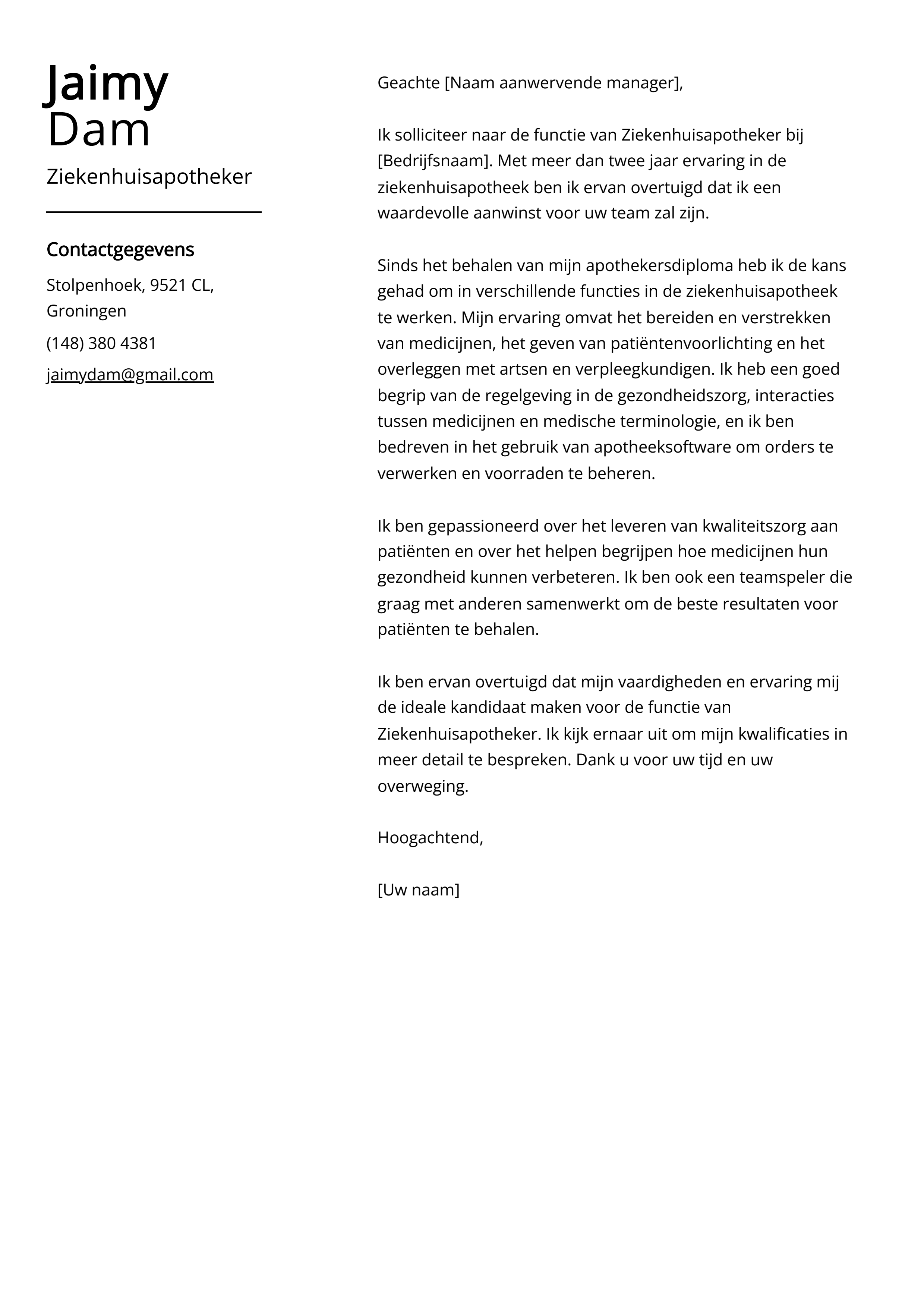 Ziekenhuisapotheker Sollicitatiebrief Voorbeeld