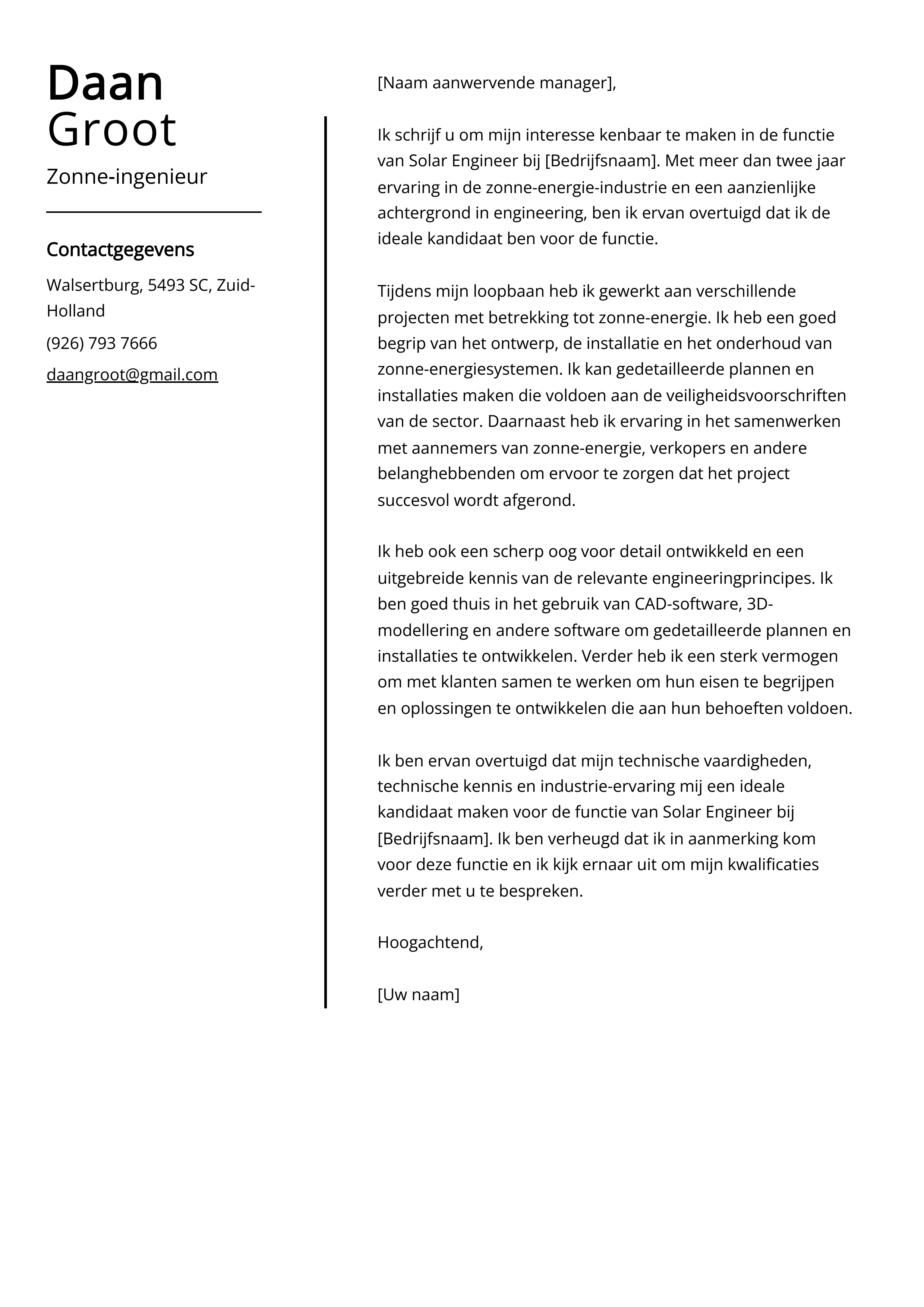 Zonne-ingenieur Sollicitatiebrief Voorbeeld