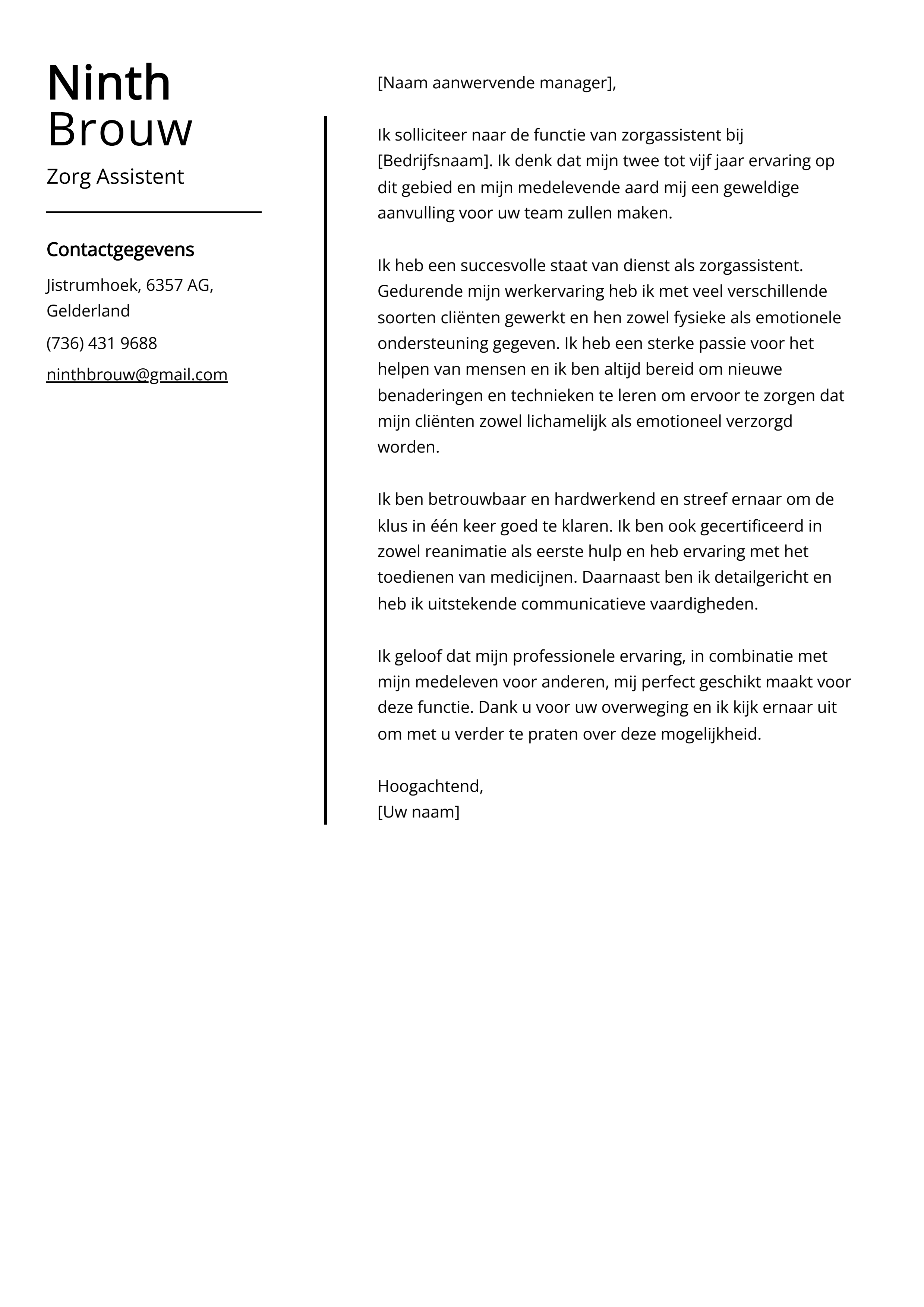 Zorg Assistent Sollicitatiebrief Voorbeeld