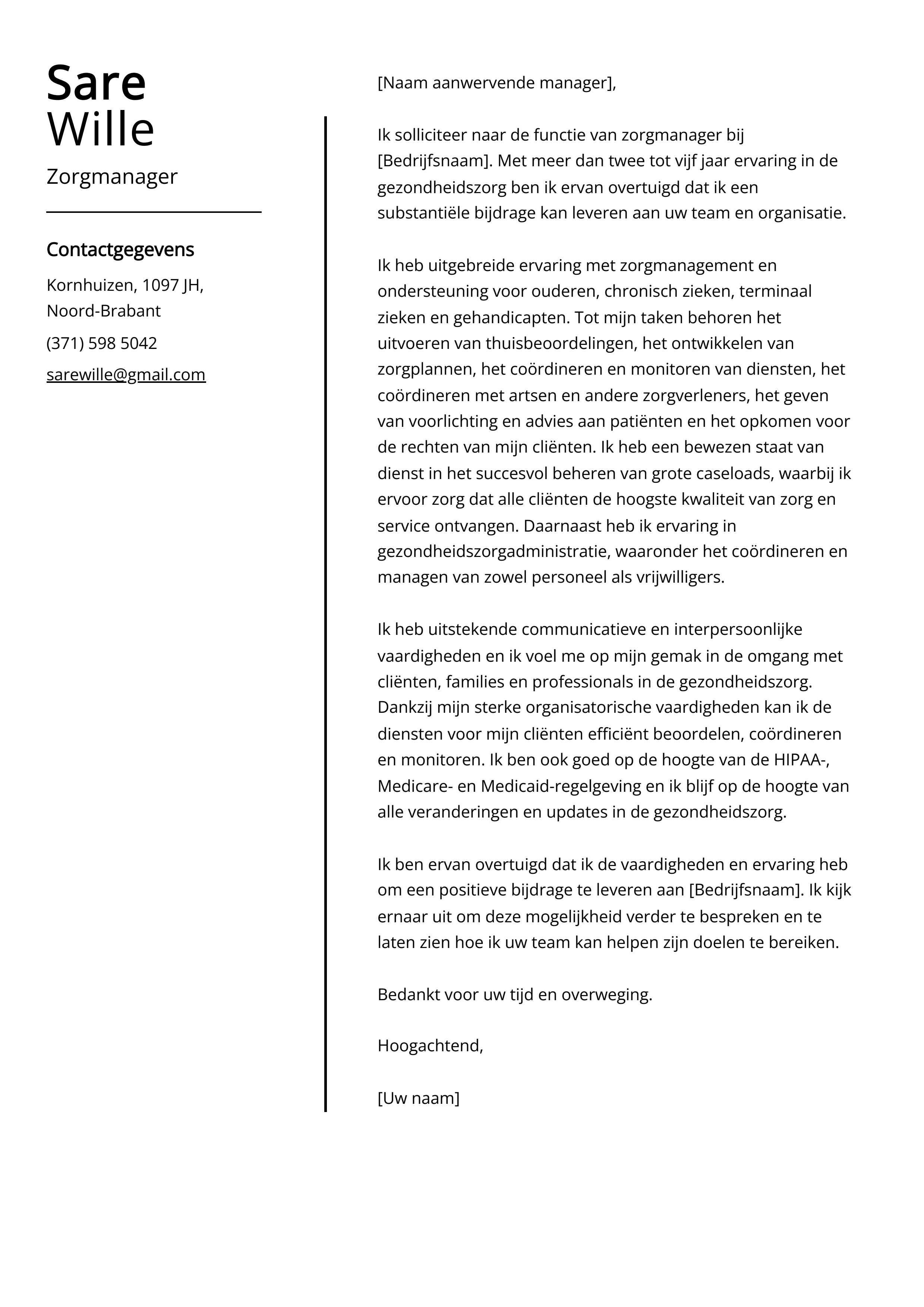 Zorgmanager Sollicitatiebrief Voorbeeld