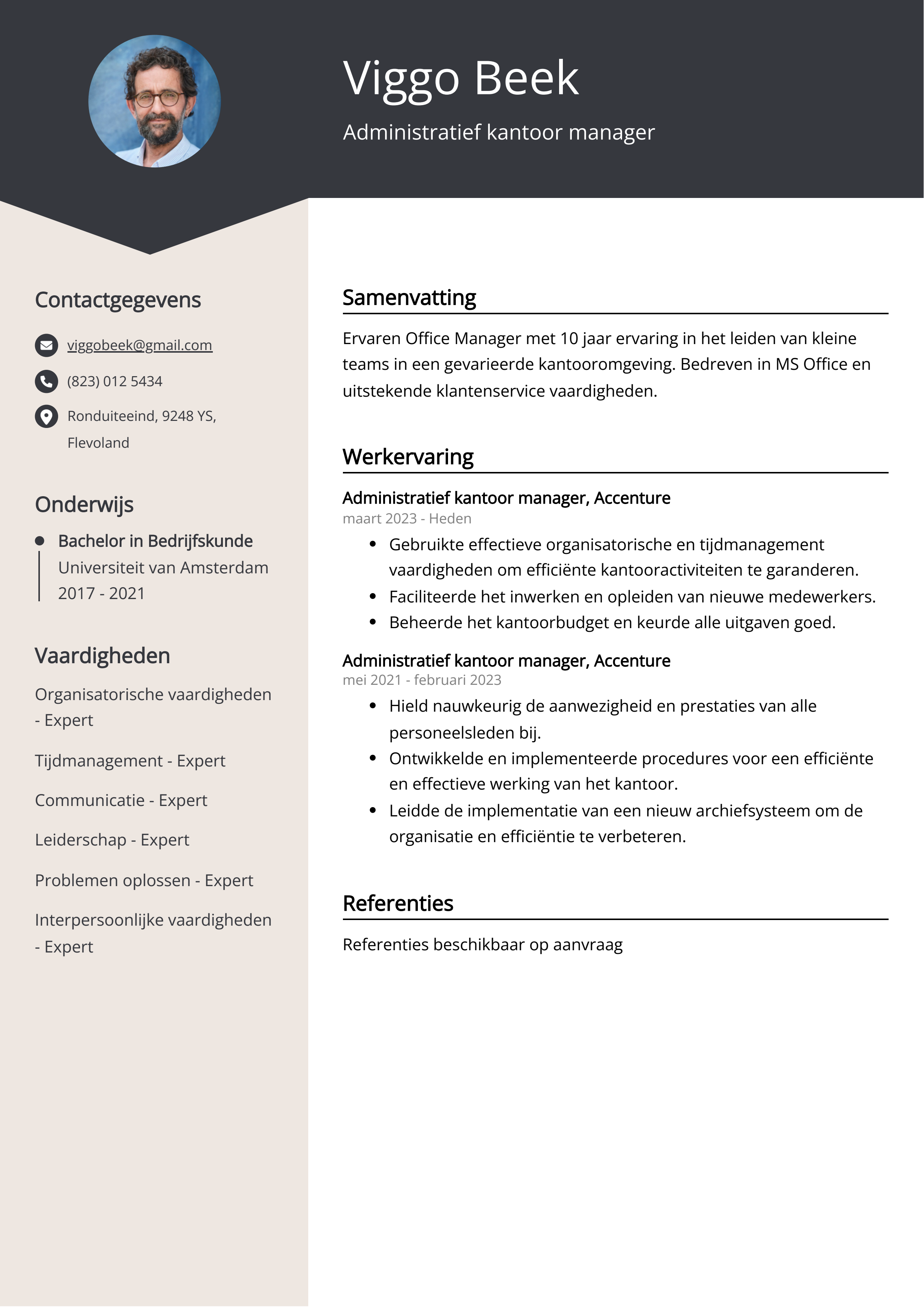 Administratief kantoor manager CV Voorbeeld