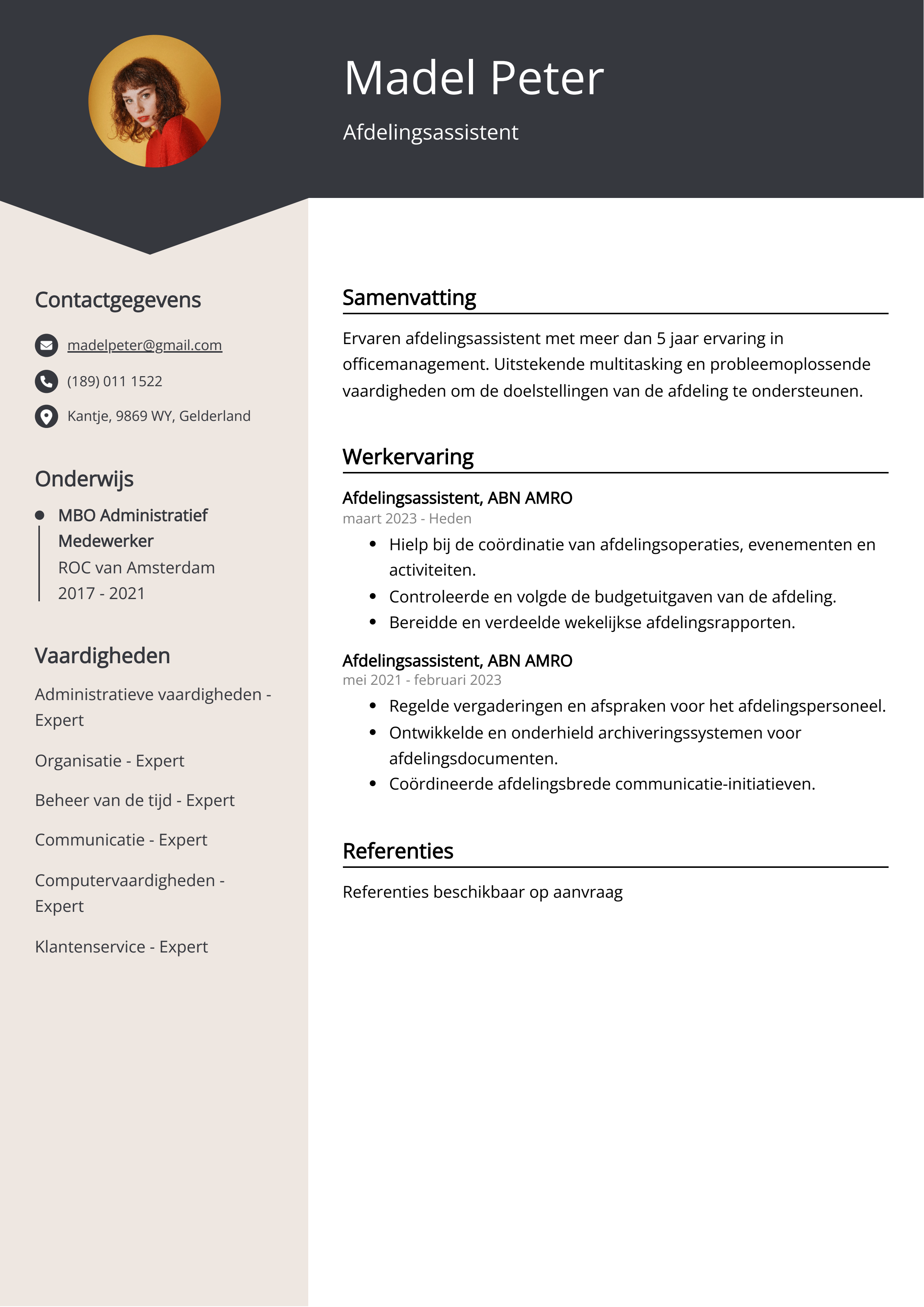 Afdelingsassistent CV Voorbeeld