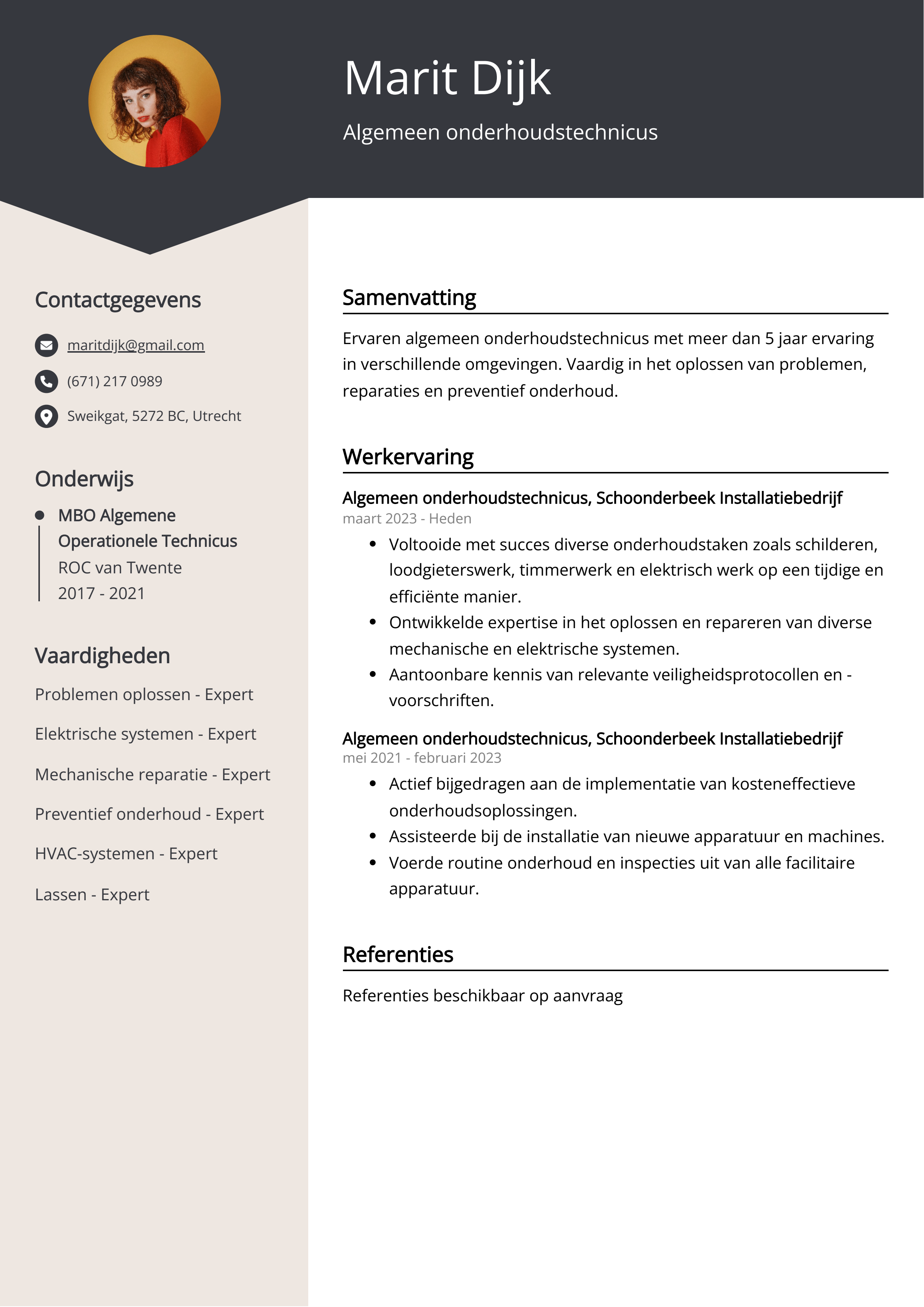 Algemeen onderhoudstechnicus CV Voorbeeld