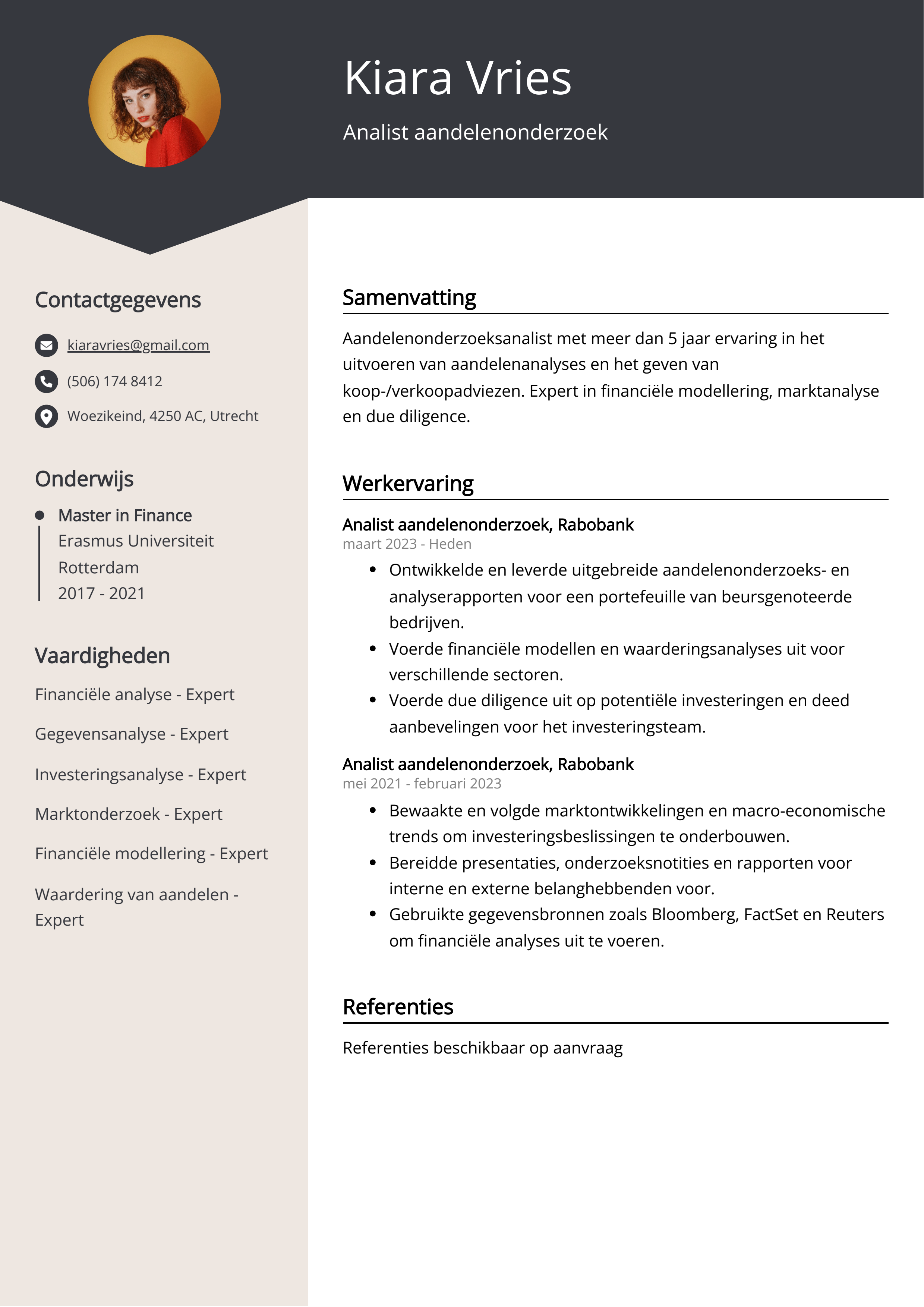 Analist aandelenonderzoek CV Voorbeeld