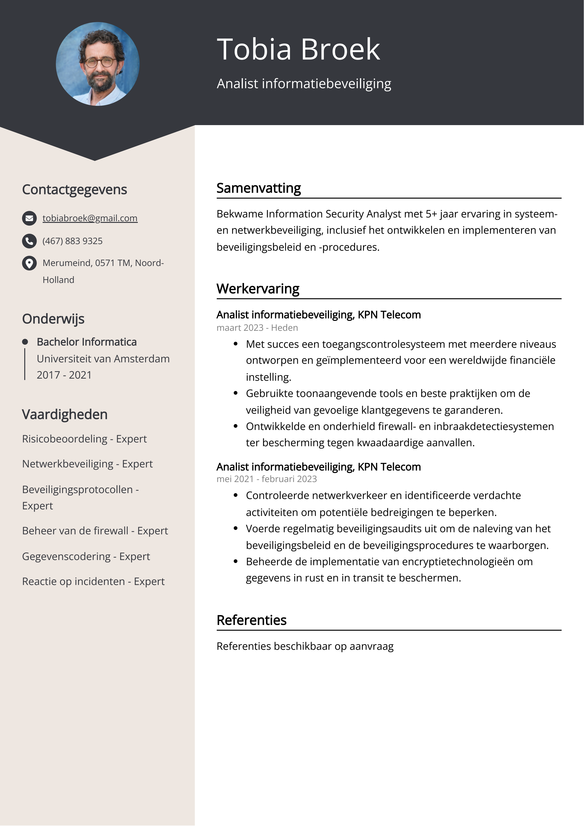 Analist informatiebeveiliging CV Voorbeeld