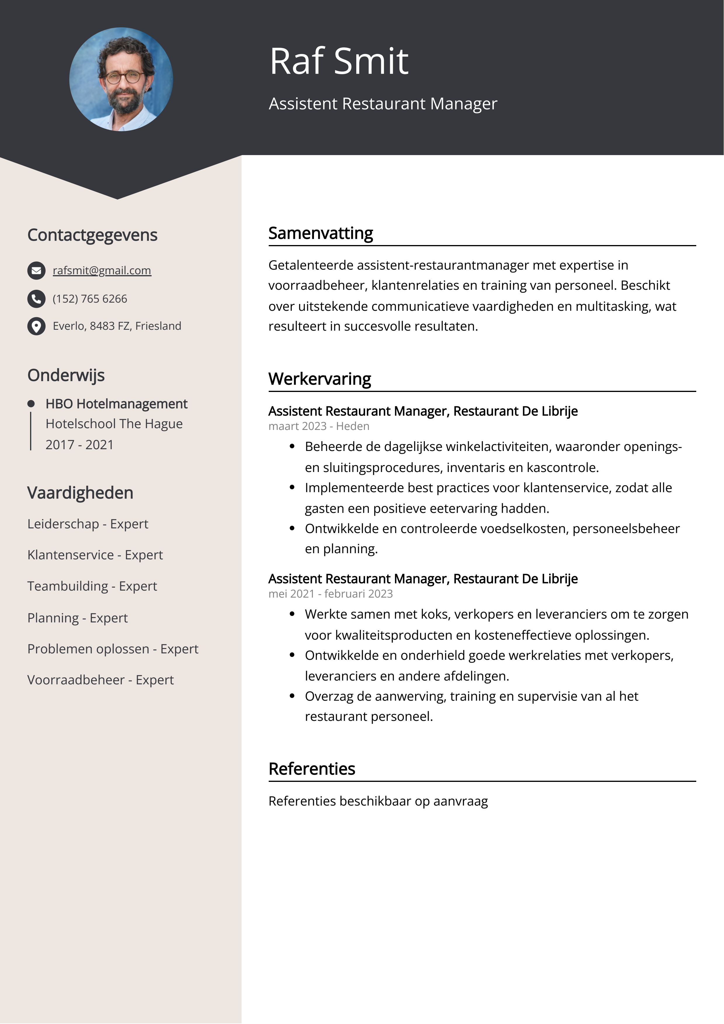 Assistent Restaurant Manager CV Voorbeeld