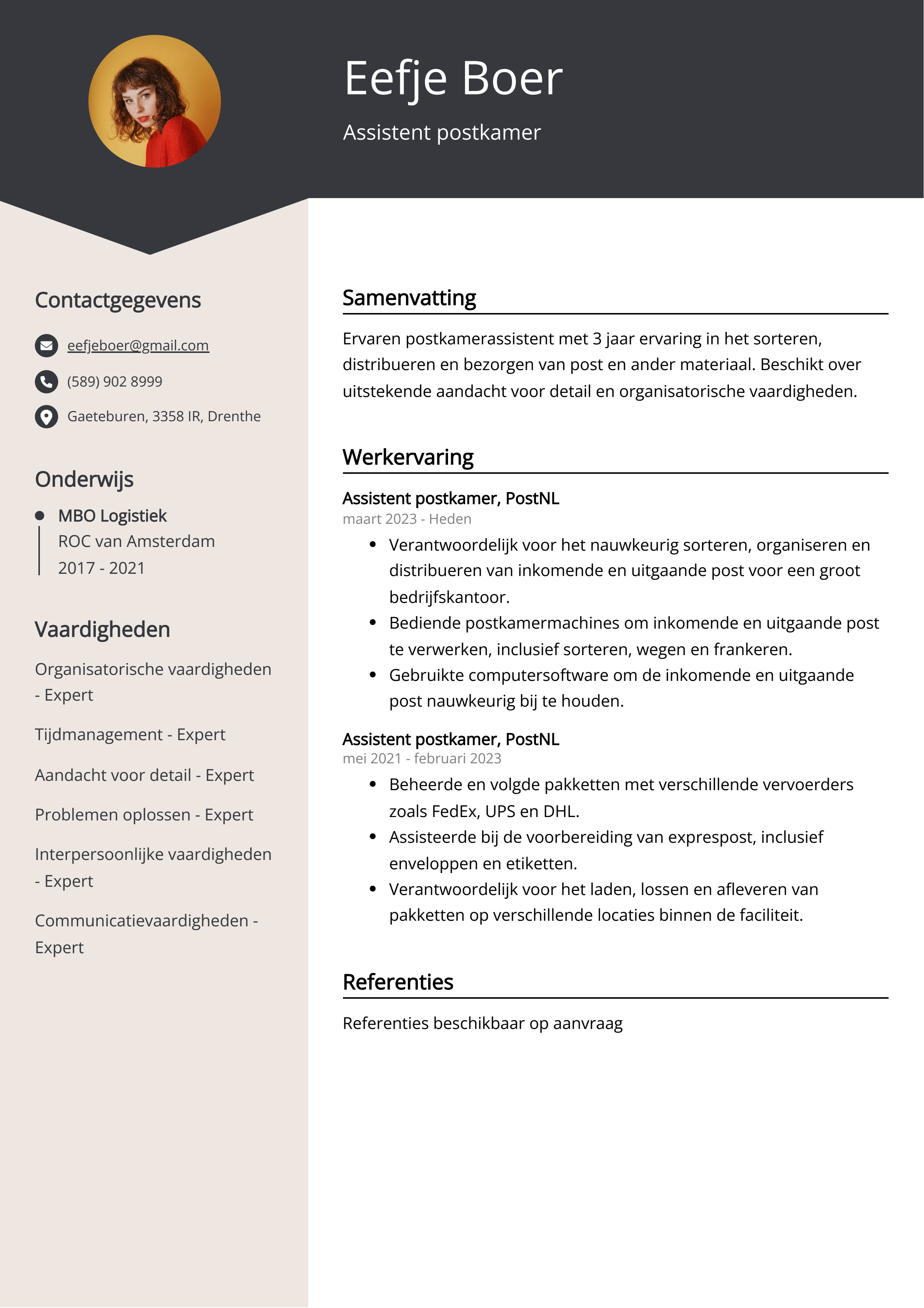 Assistent postkamer CV Voorbeeld