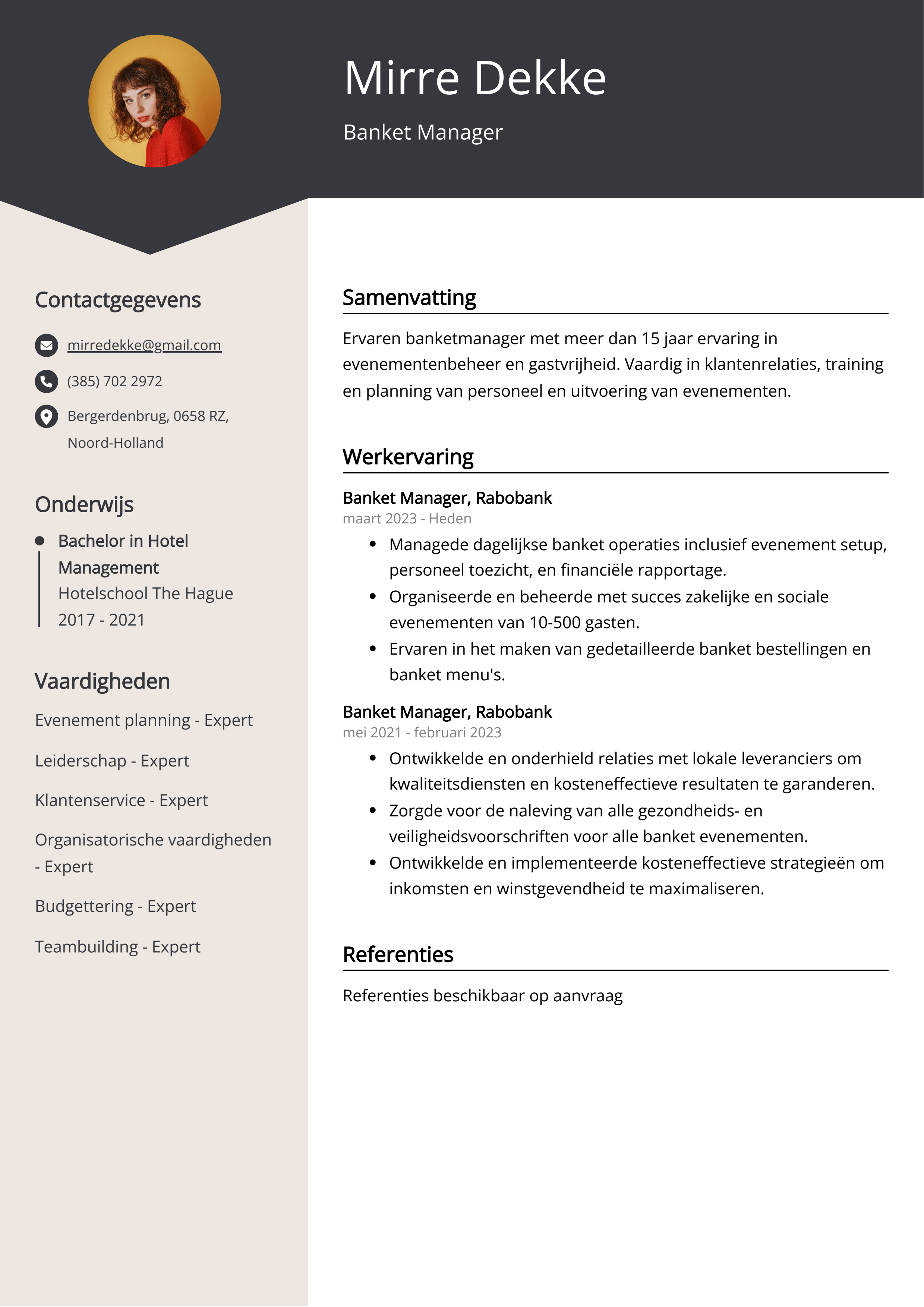 Banket Manager CV Voorbeeld