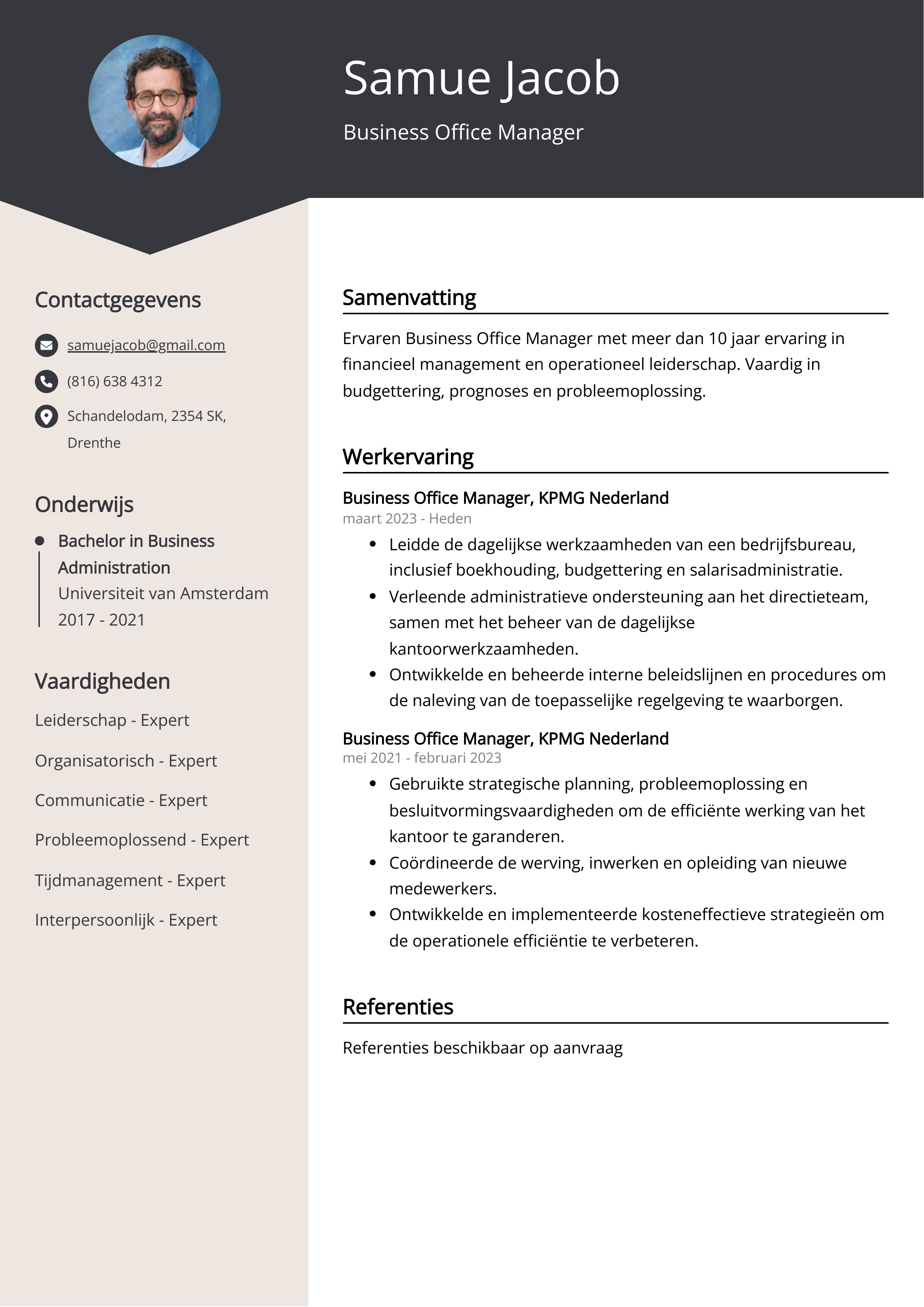 Business Office Manager CV Voorbeeld