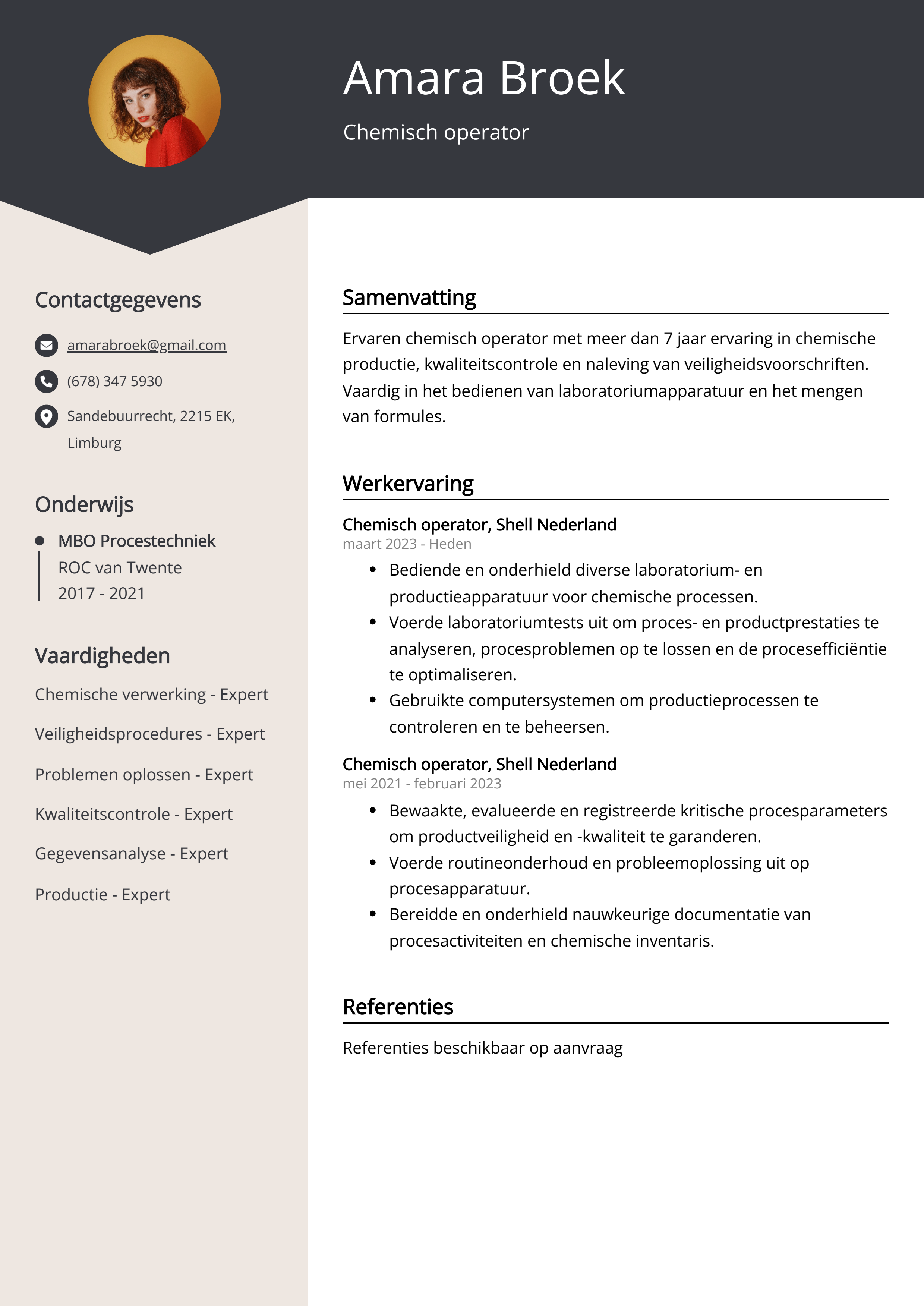 Chemisch operator CV Voorbeeld