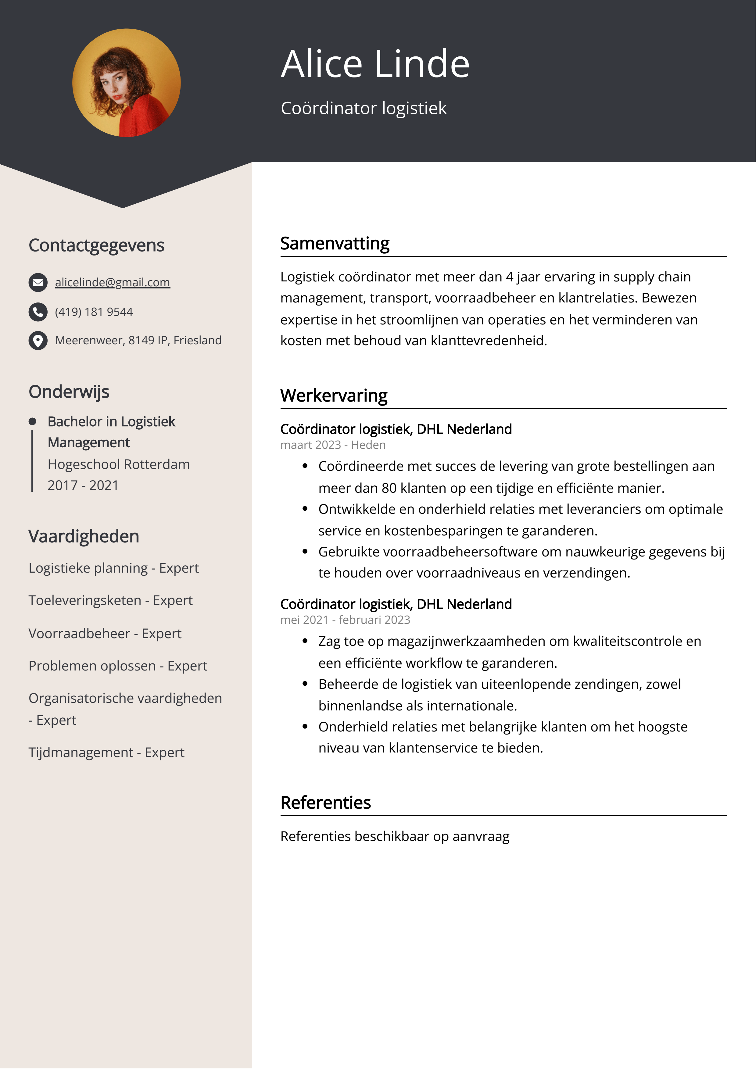 Coördinator logistiek CV Voorbeeld