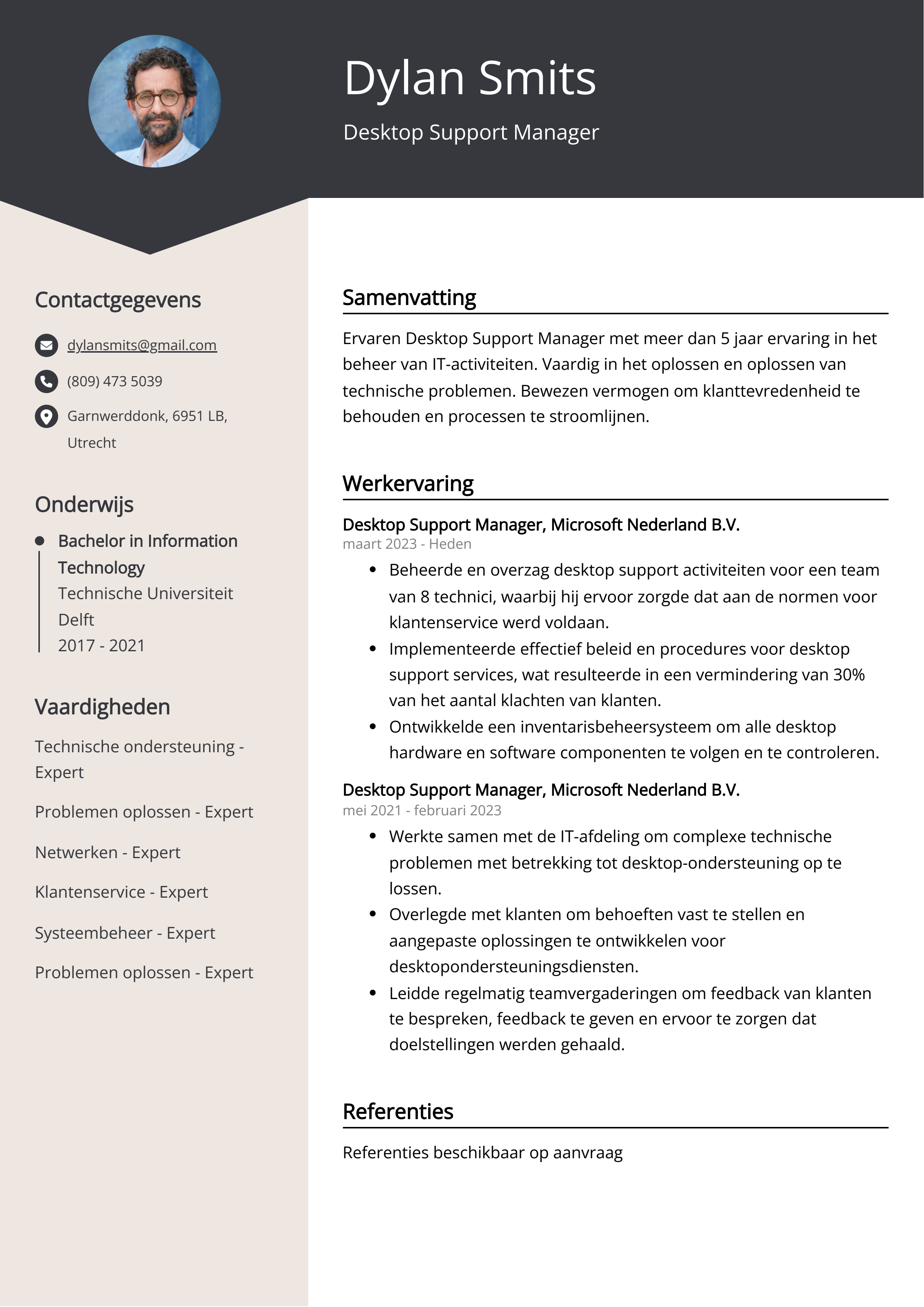 Desktop Support Manager CV Voorbeeld