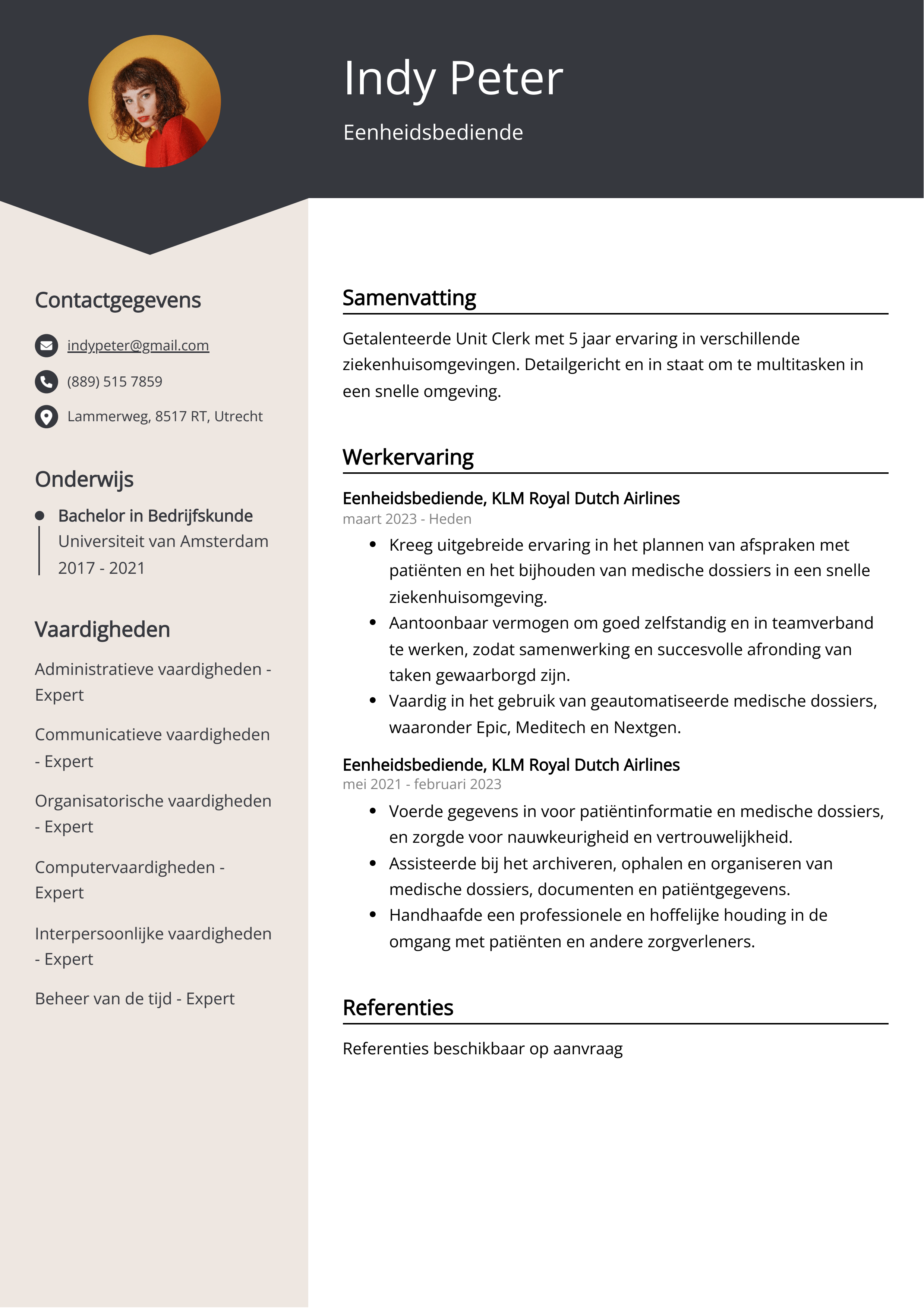 Eenheidsbediende CV Voorbeeld