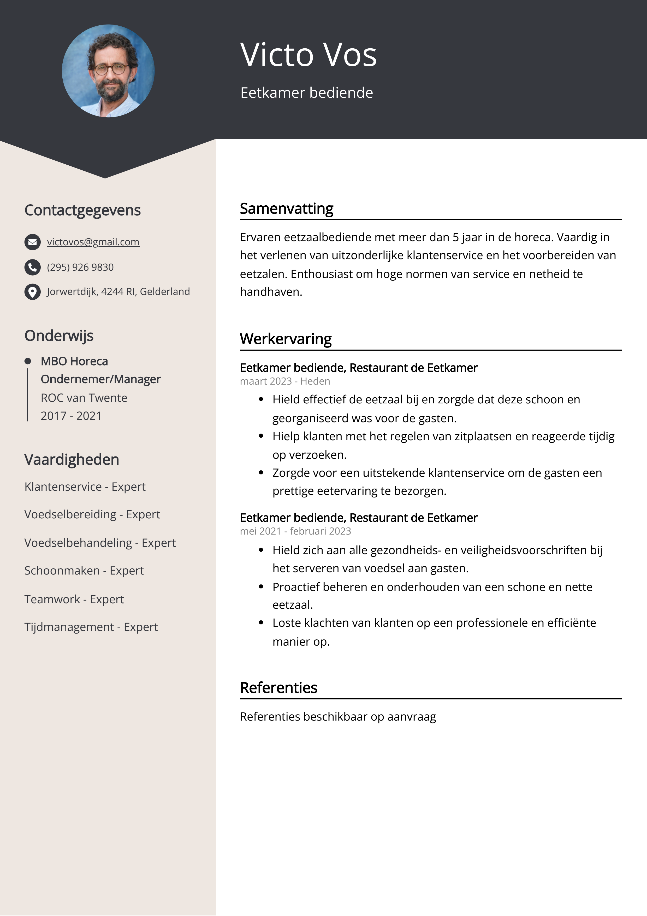 Eetkamer bediende CV Voorbeeld