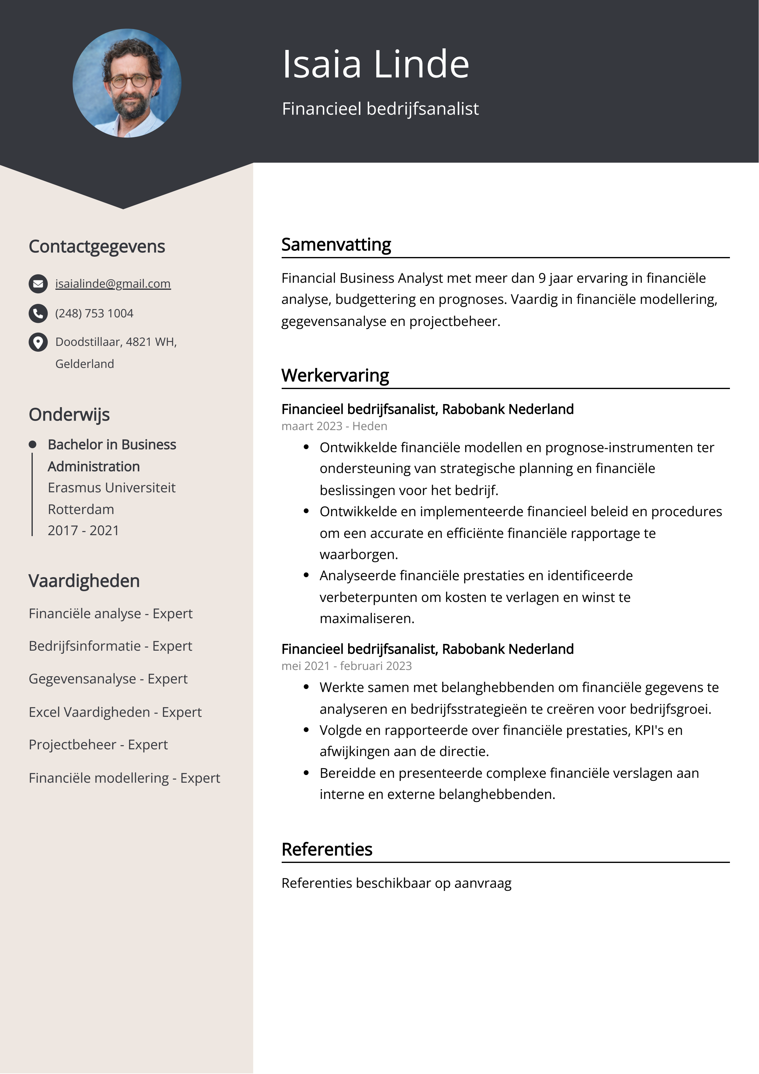 Financieel bedrijfsanalist CV Voorbeeld