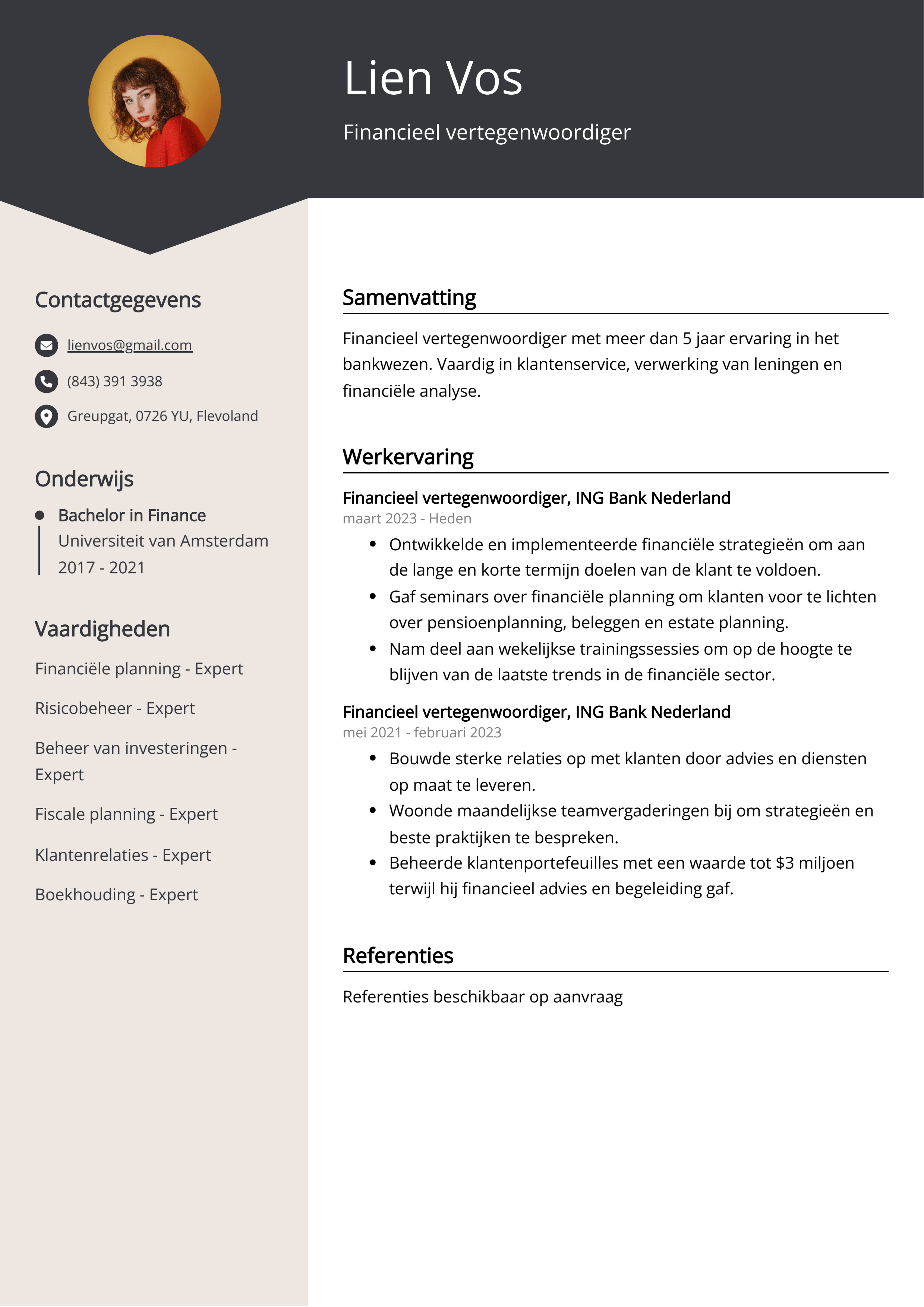 Financieel vertegenwoordiger CV Voorbeeld