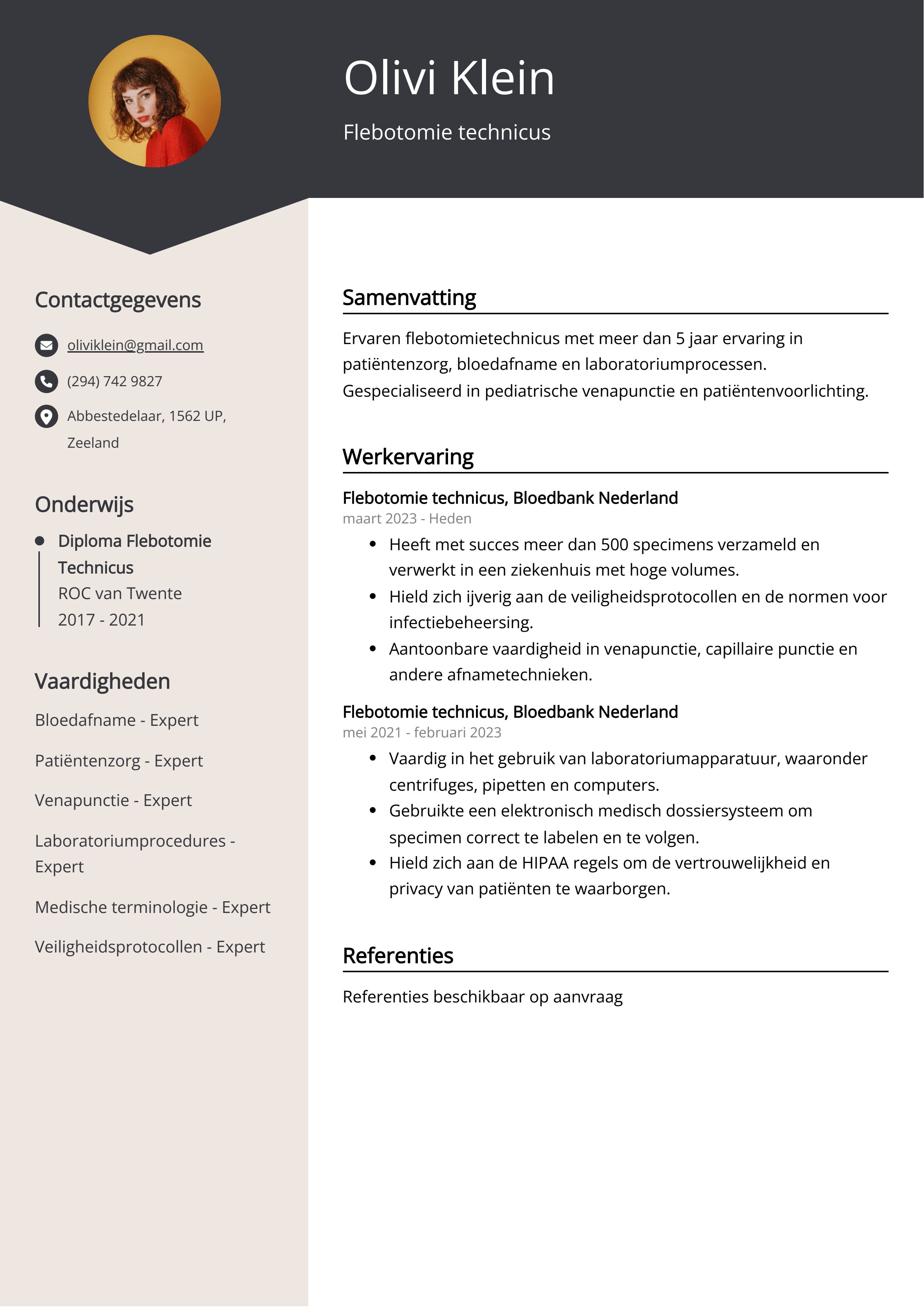 Flebotomie technicus CV Voorbeeld