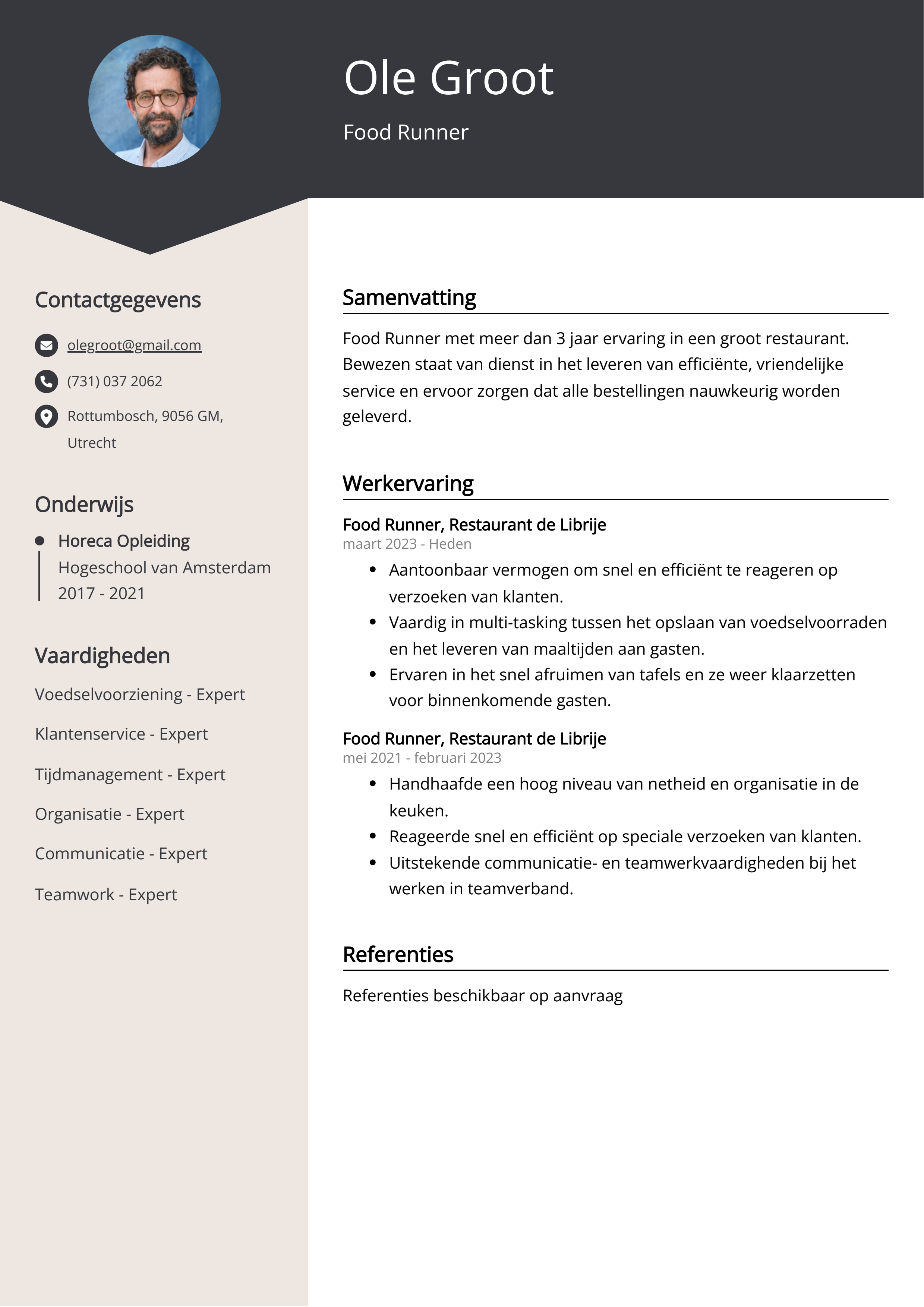 Food Runner CV Voorbeeld