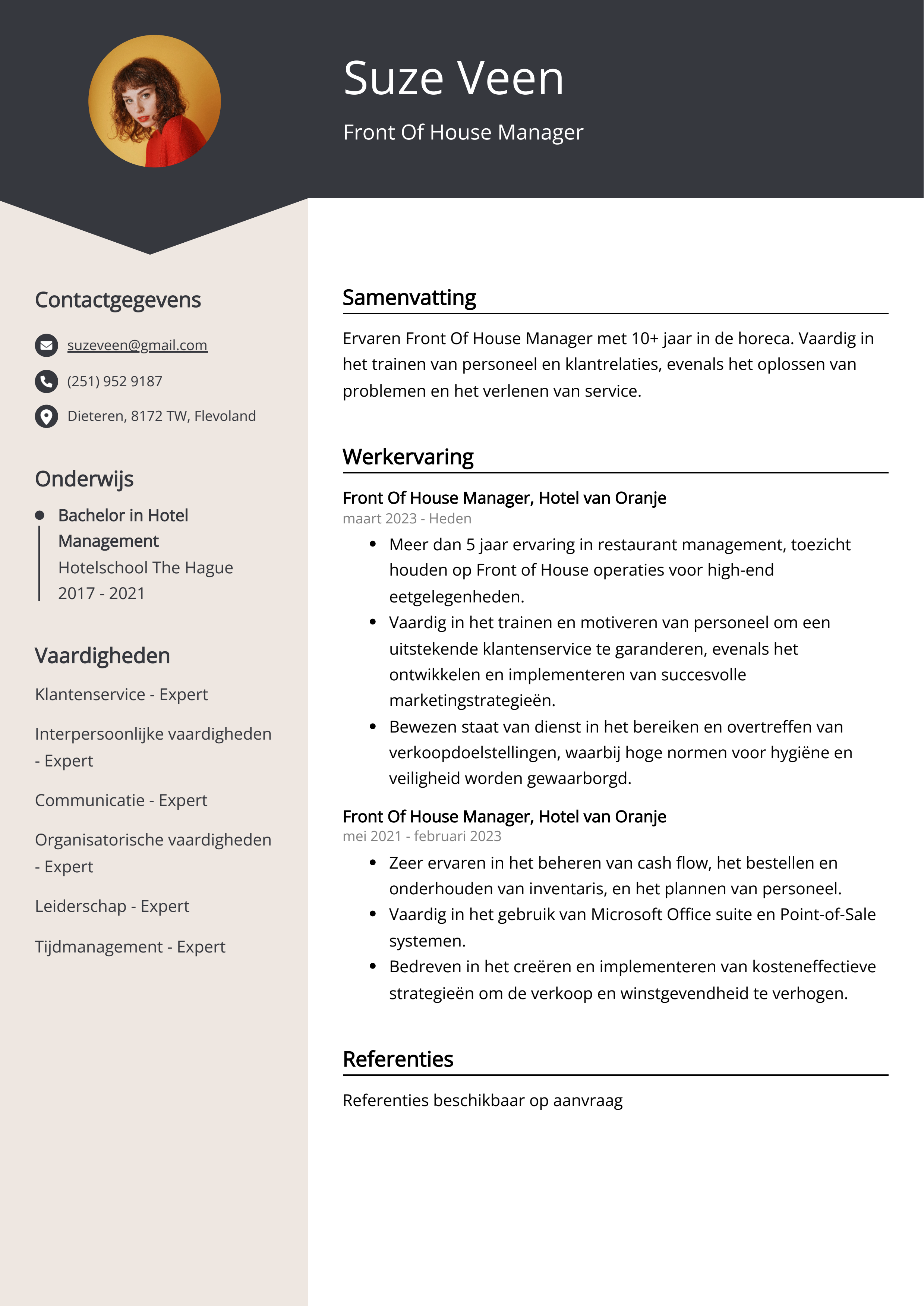 Front Of House Manager CV Voorbeeld