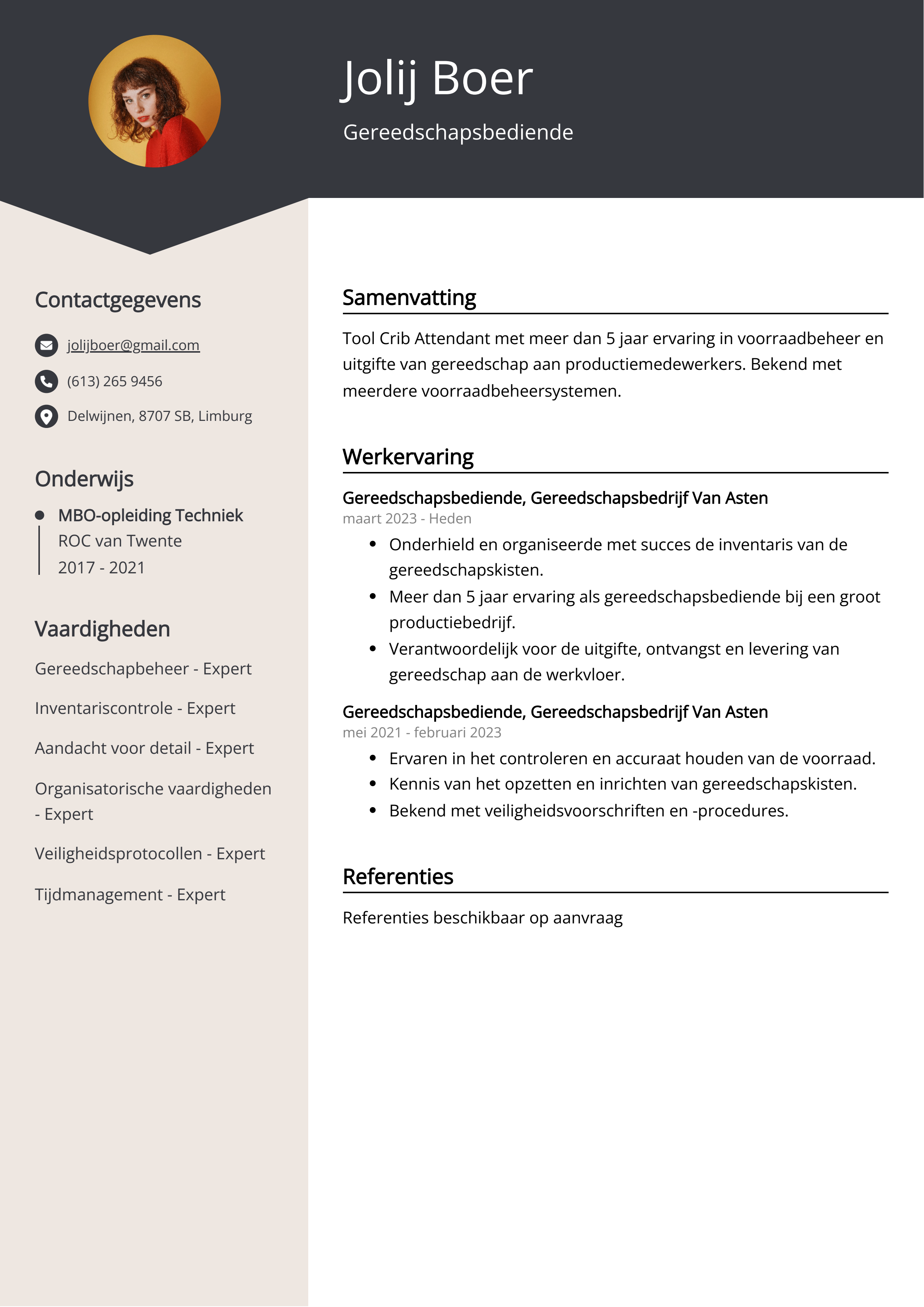 Gereedschapsbediende CV Voorbeeld