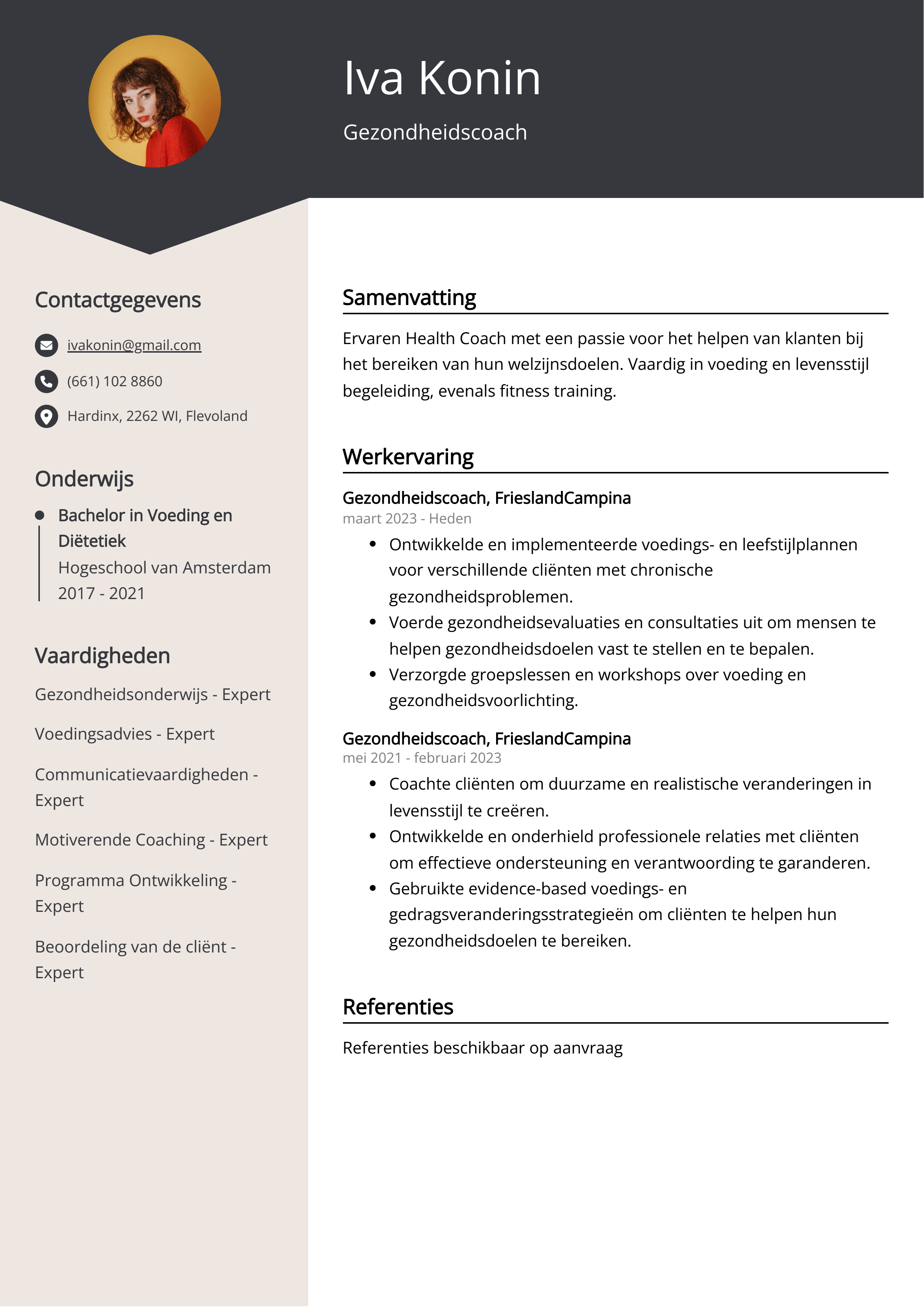 Gezondheidscoach CV Voorbeeld