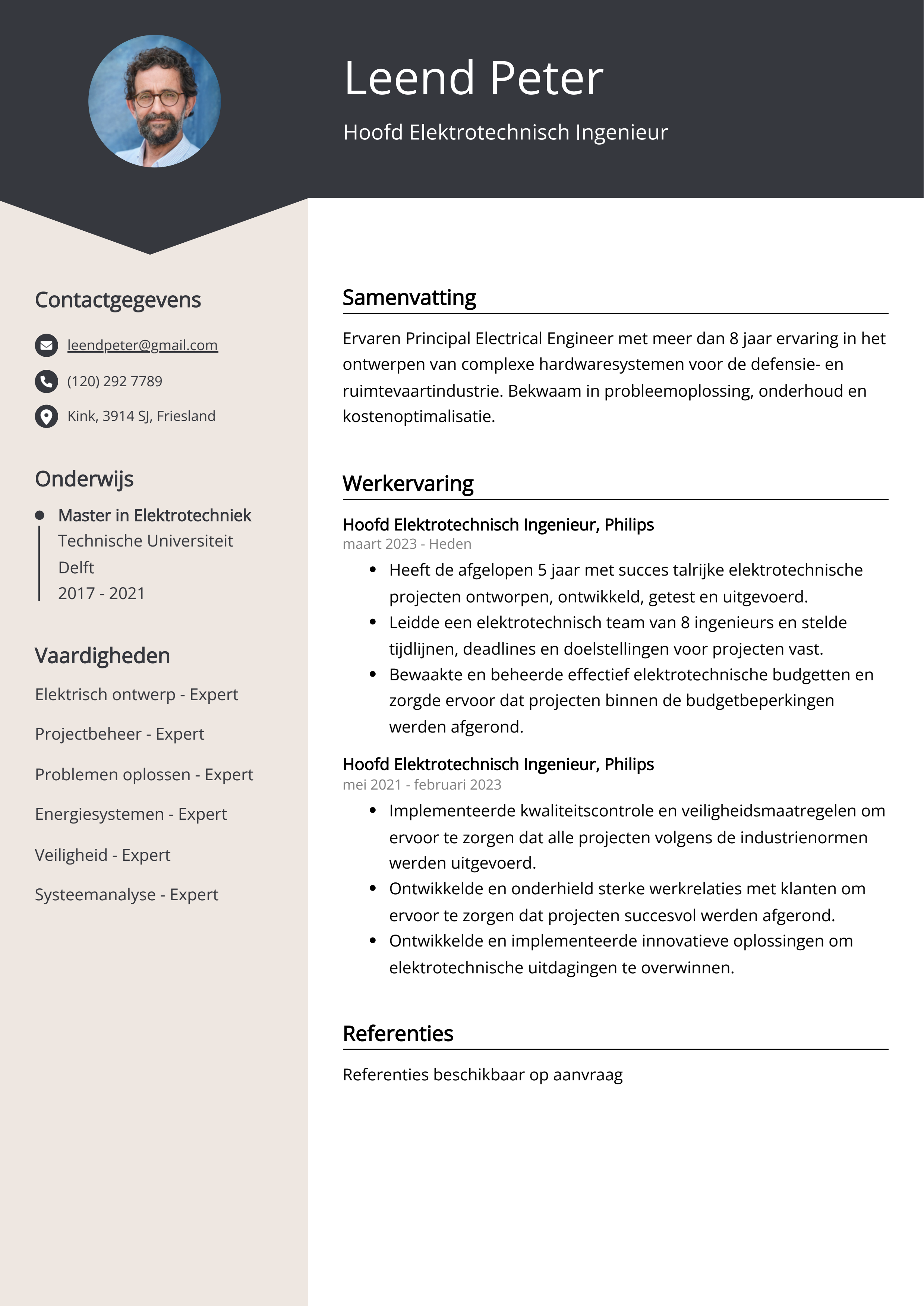 Hoofd Elektrotechnisch Ingenieur CV Voorbeeld