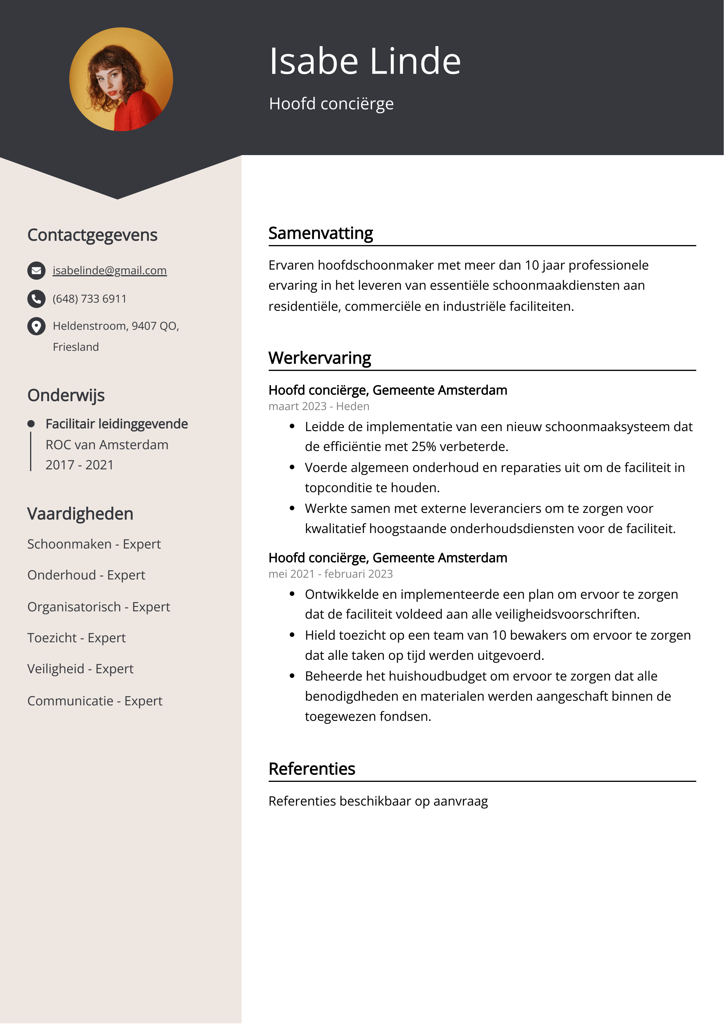 Hoofd conciërge CV Voorbeeld