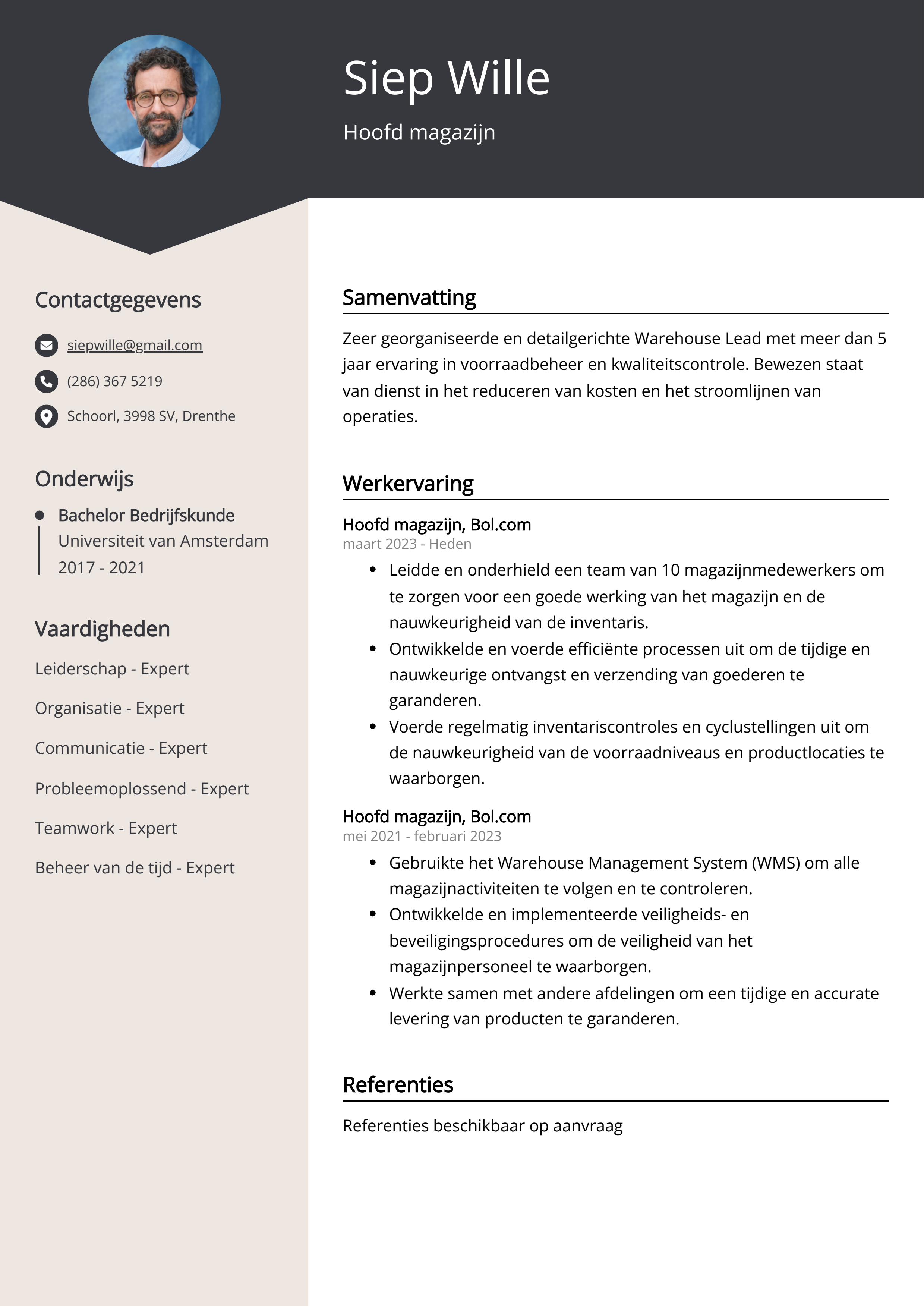 Hoofd magazijn Resume Voorbeeld