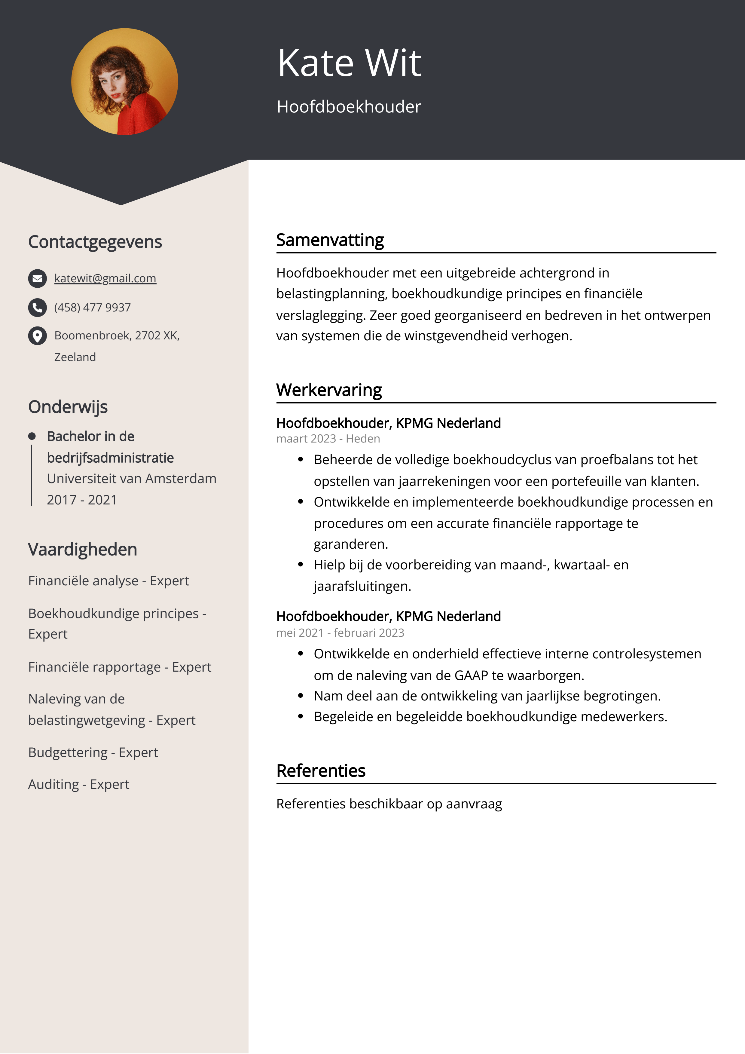 Hoofdboekhouder CV Voorbeeld