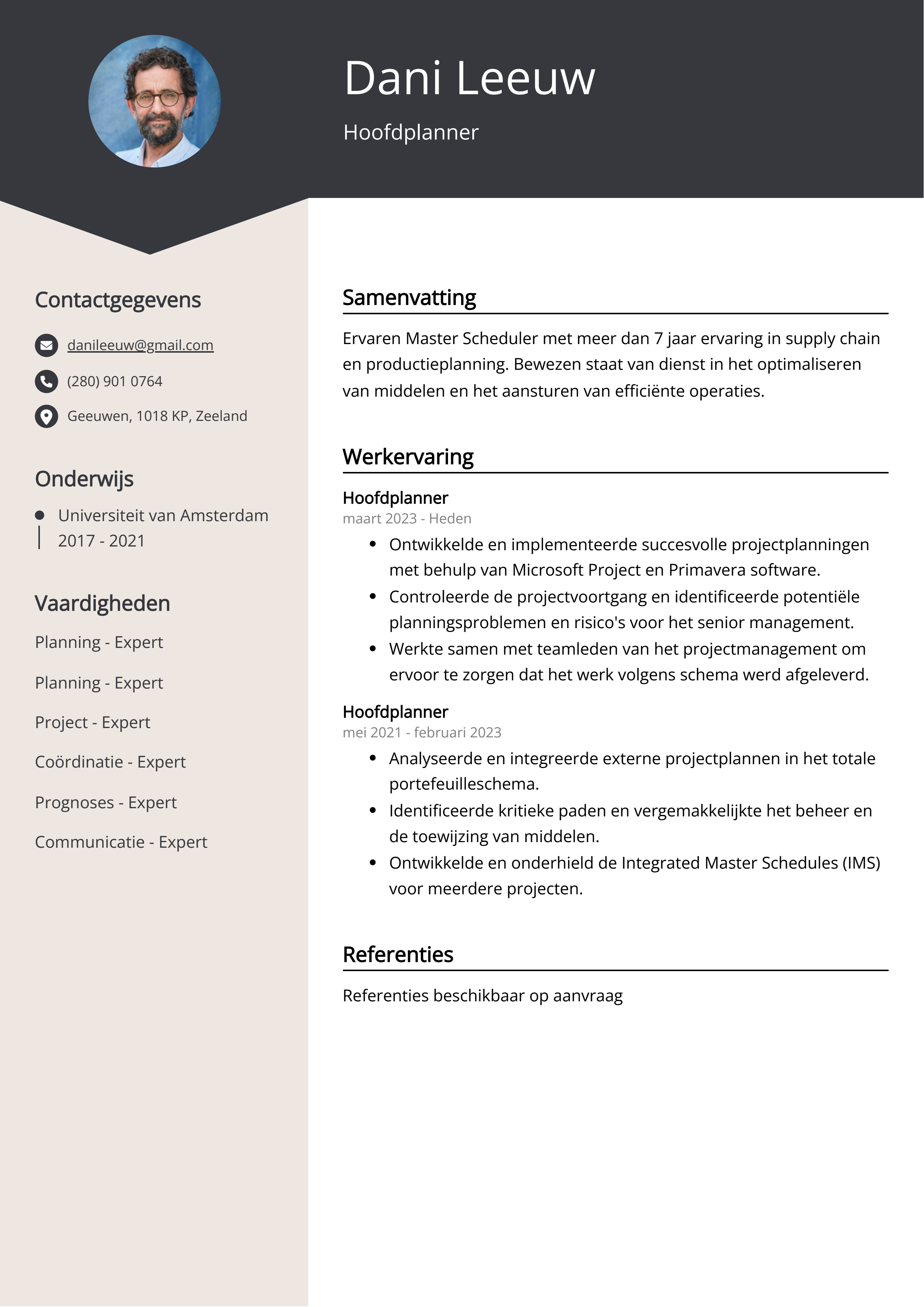 Hoofdplanner CV Voorbeeld