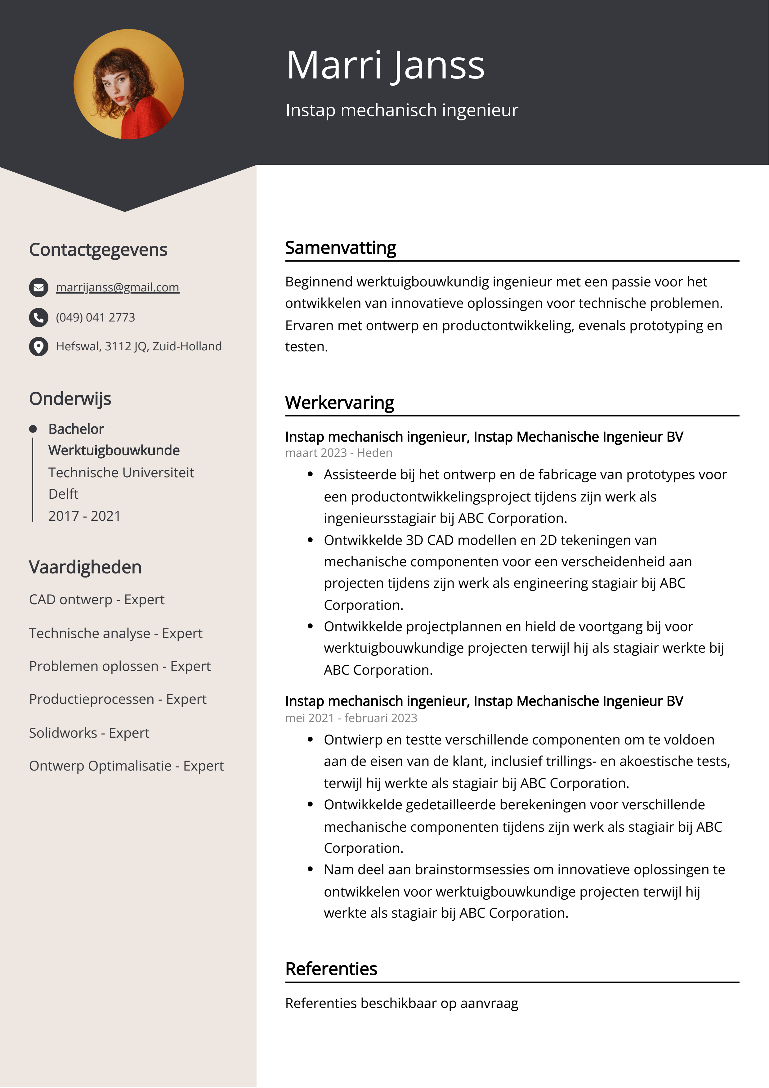 Instap mechanisch ingenieur CV Voorbeeld