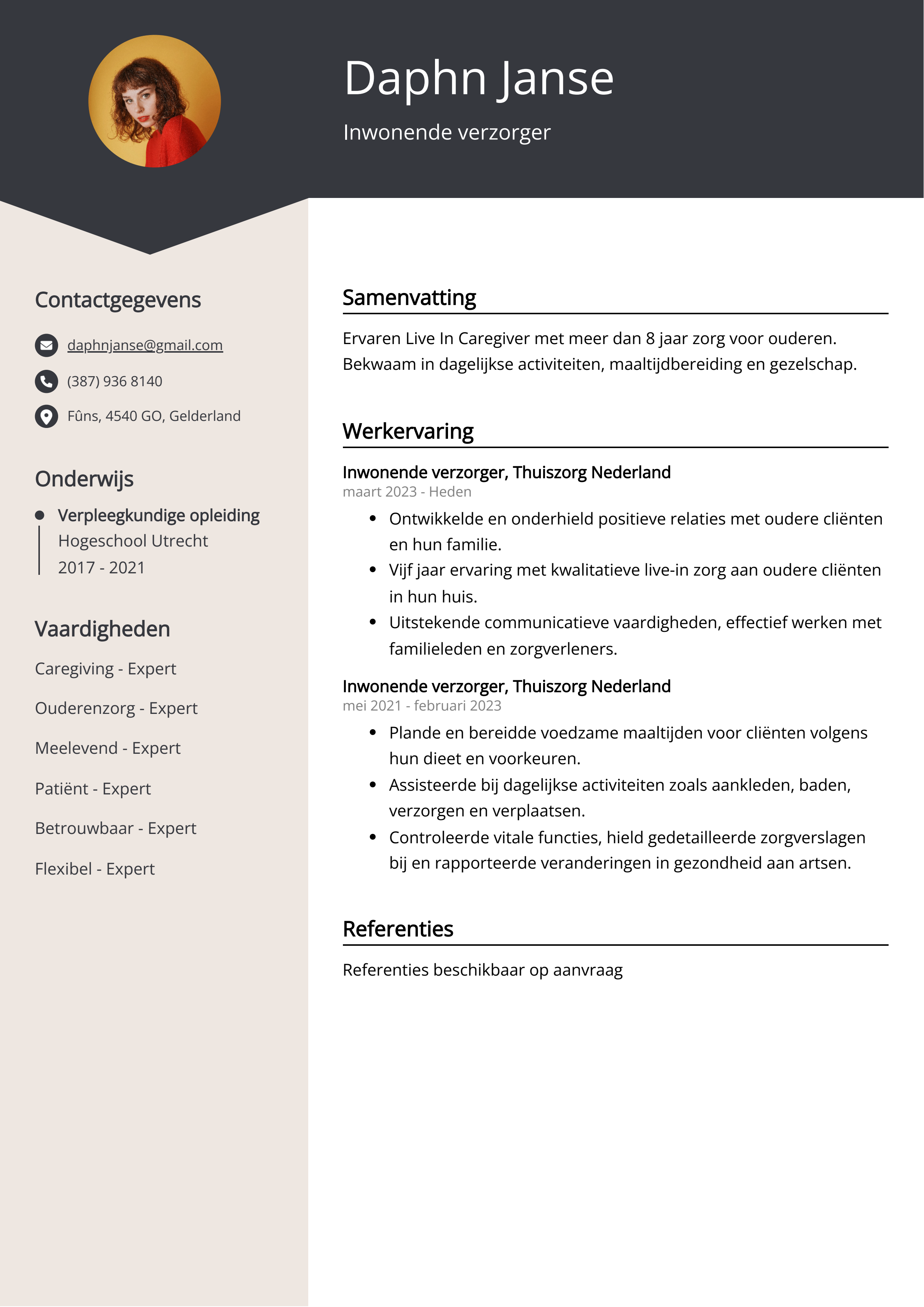 Inwonende verzorger CV Voorbeeld