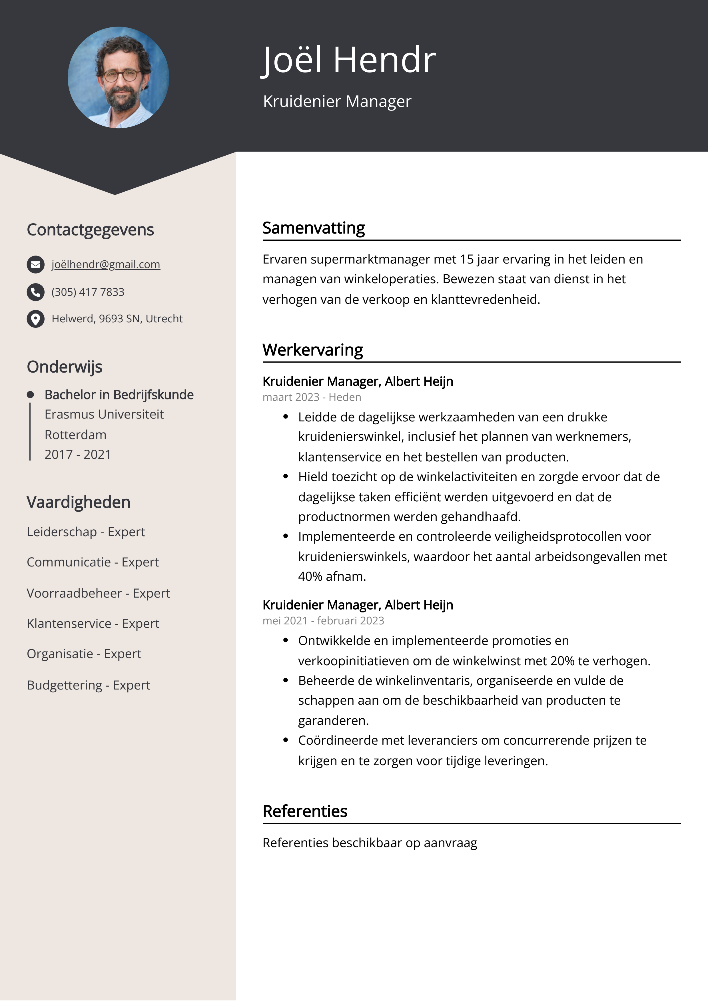 Kruidenier Manager CV Voorbeeld