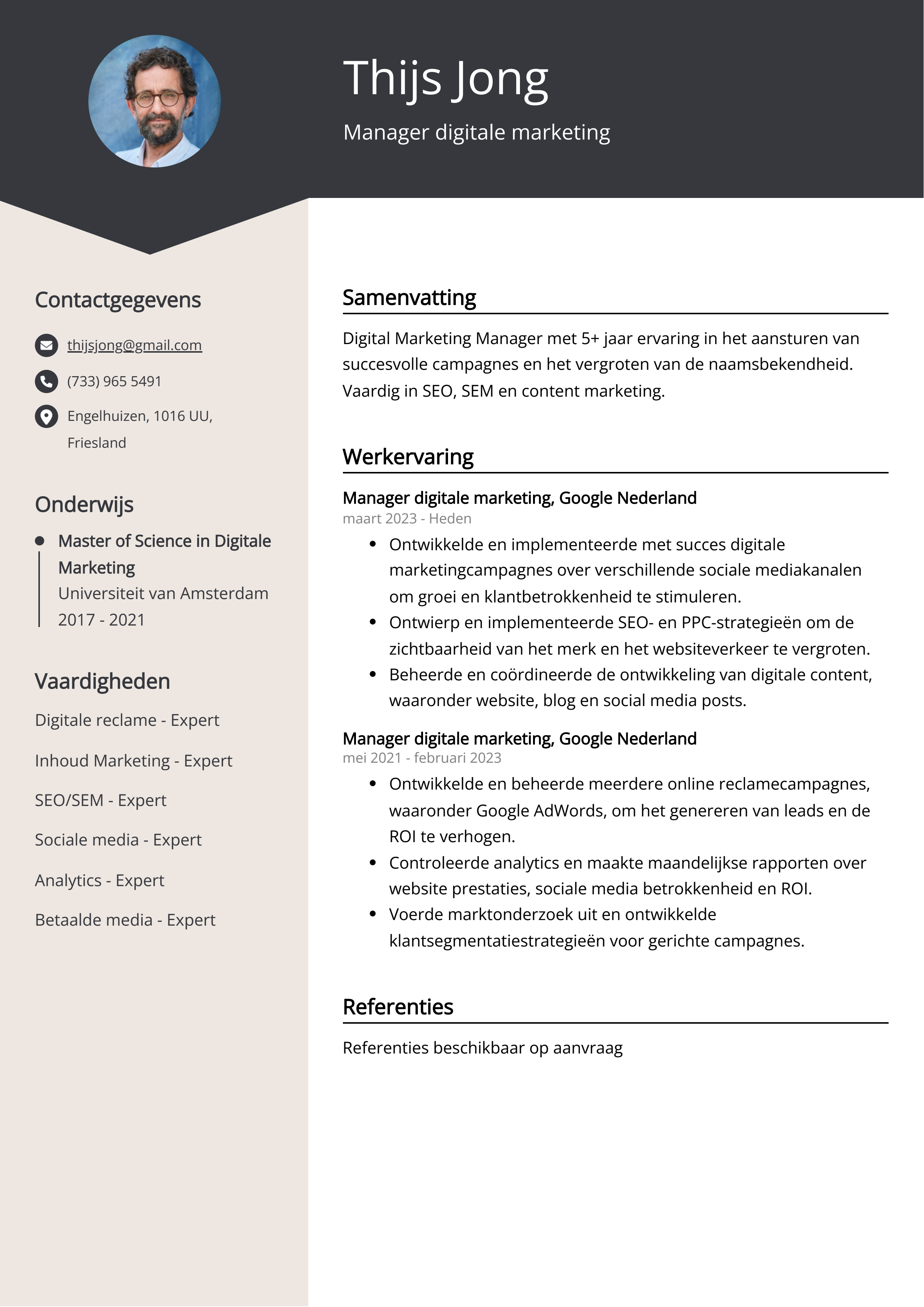 Manager digitale marketing Resume Voorbeeld