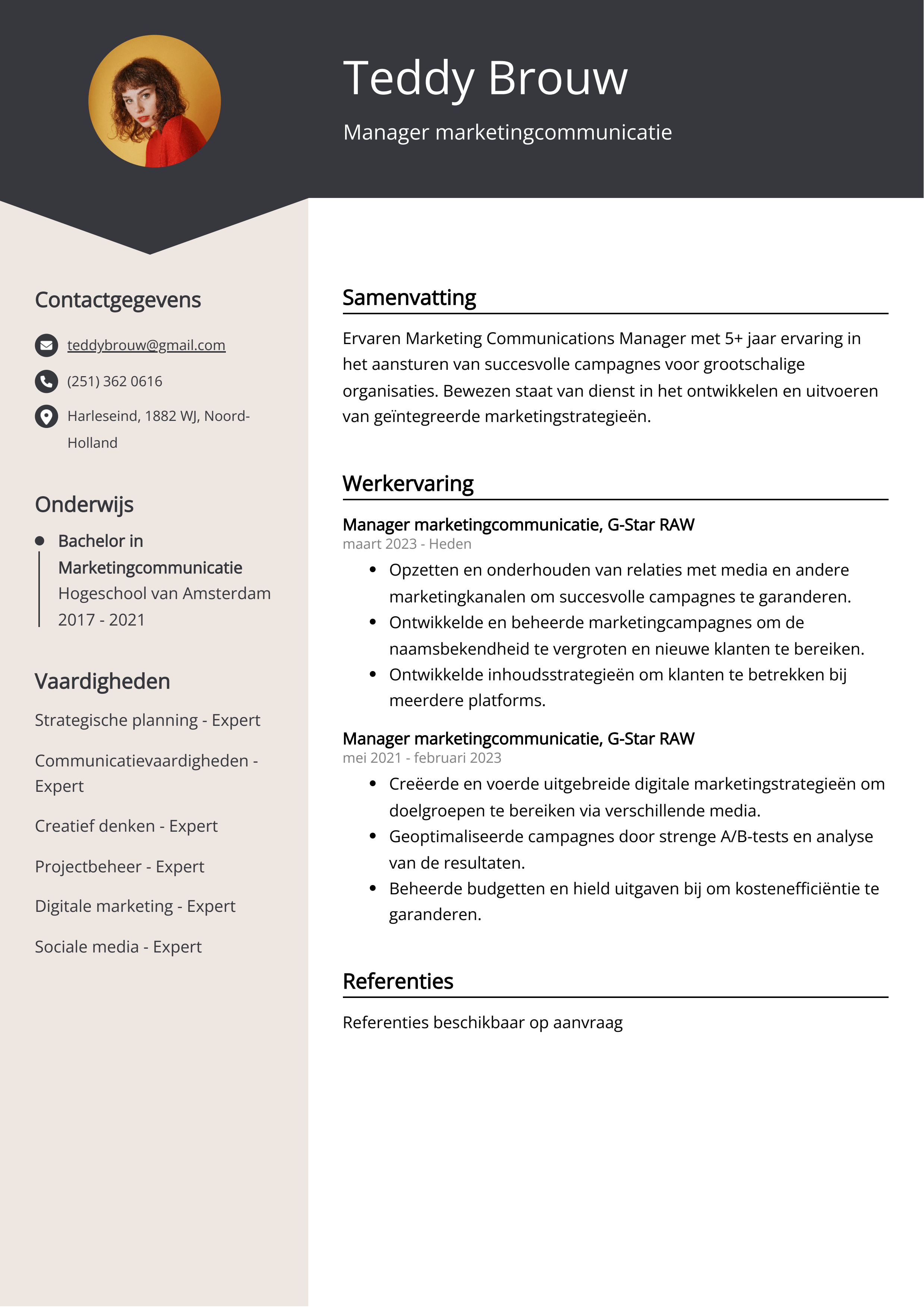 Manager marketingcommunicatie CV Voorbeeld