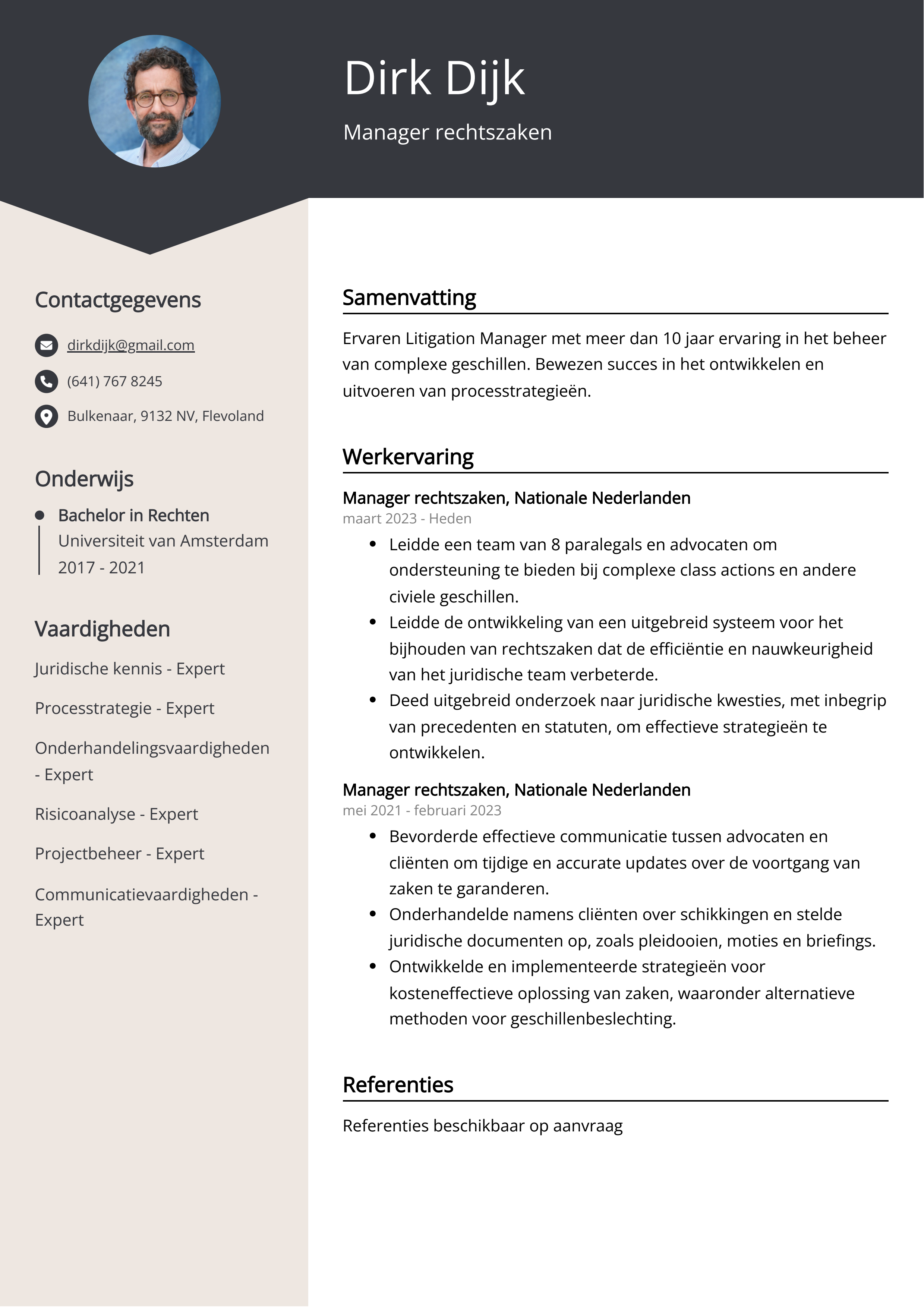 Manager rechtszaken Resume Voorbeeld