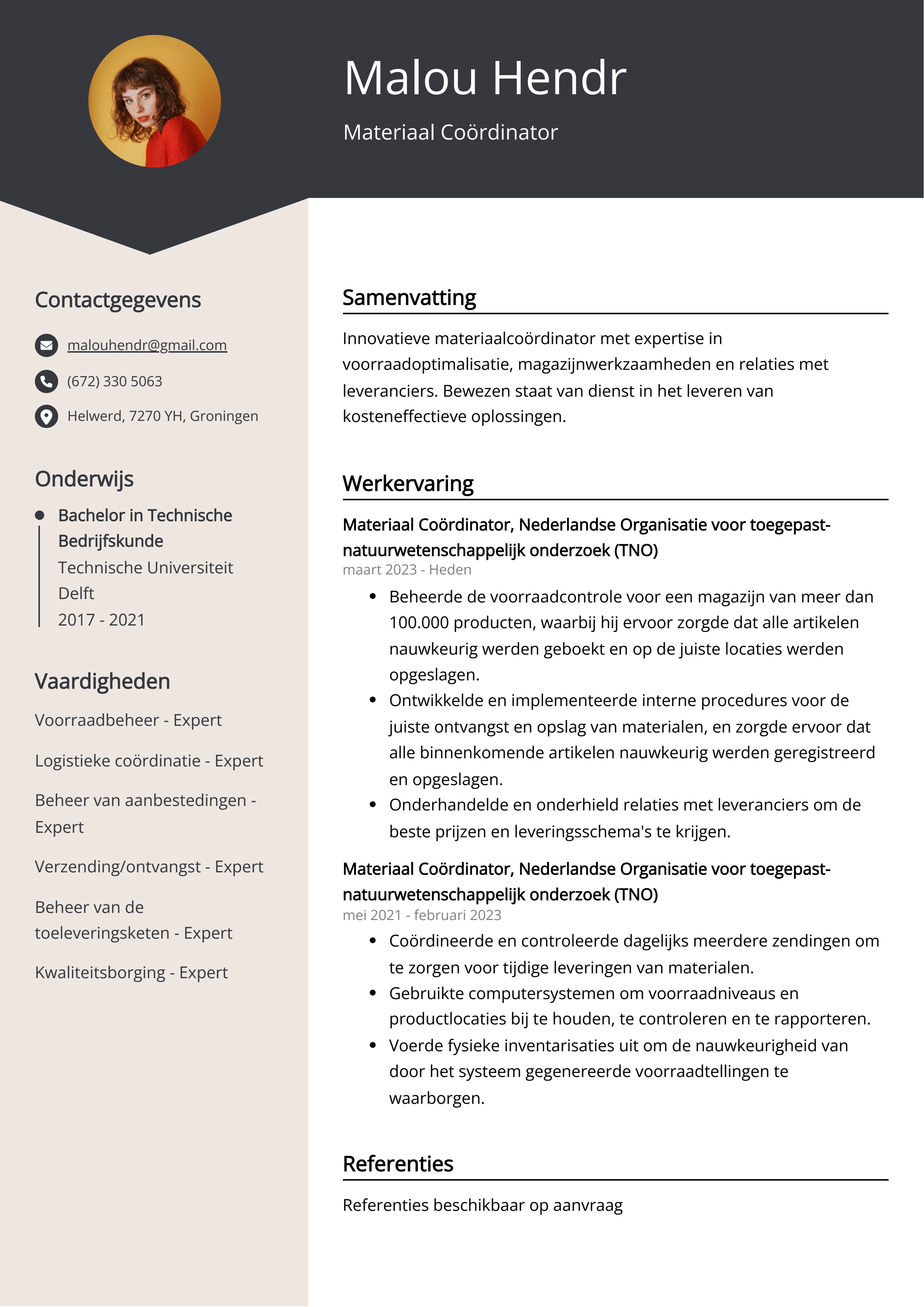 Materiaal Coördinator CV Voorbeeld