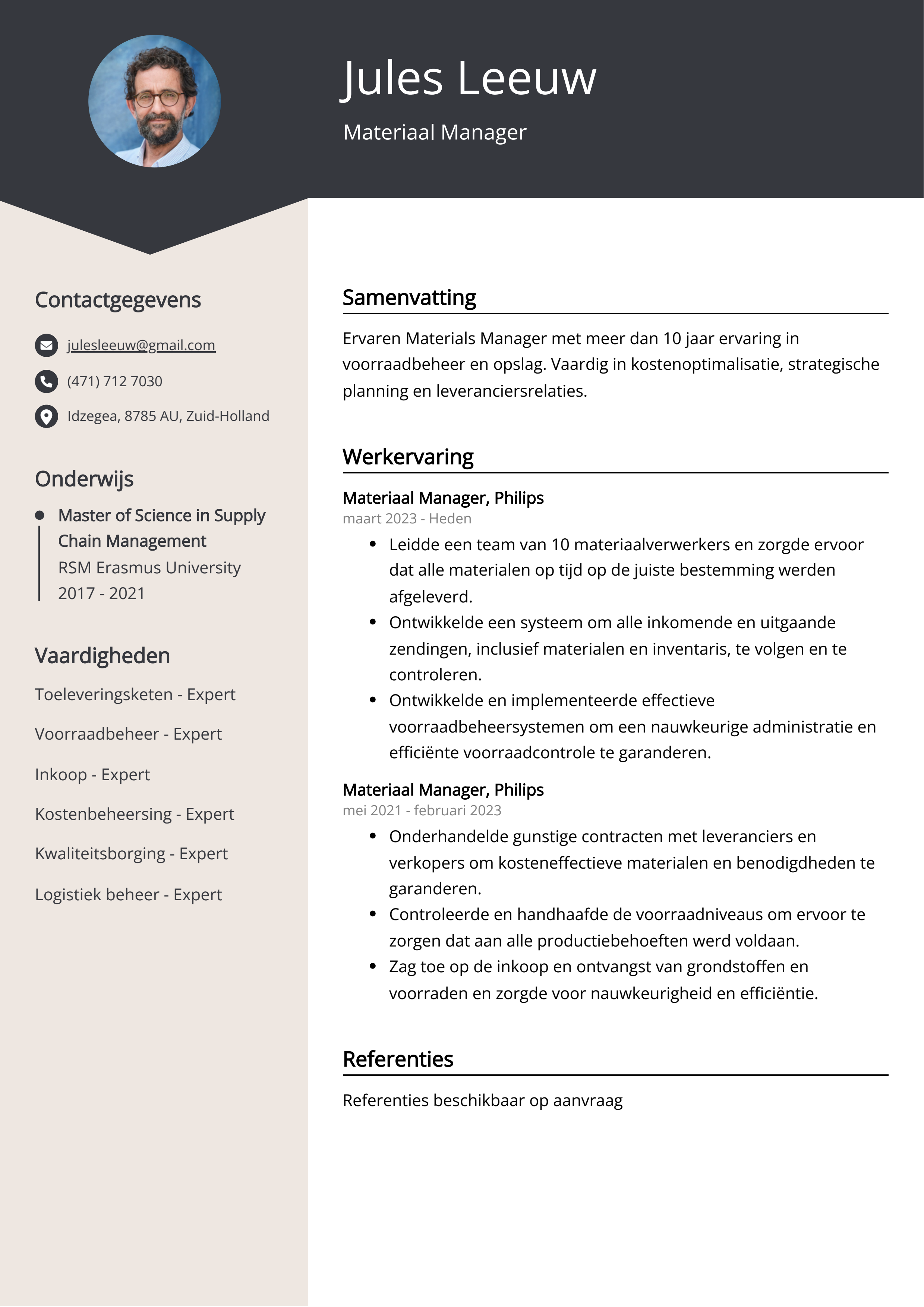 Materiaal Manager CV Voorbeeld