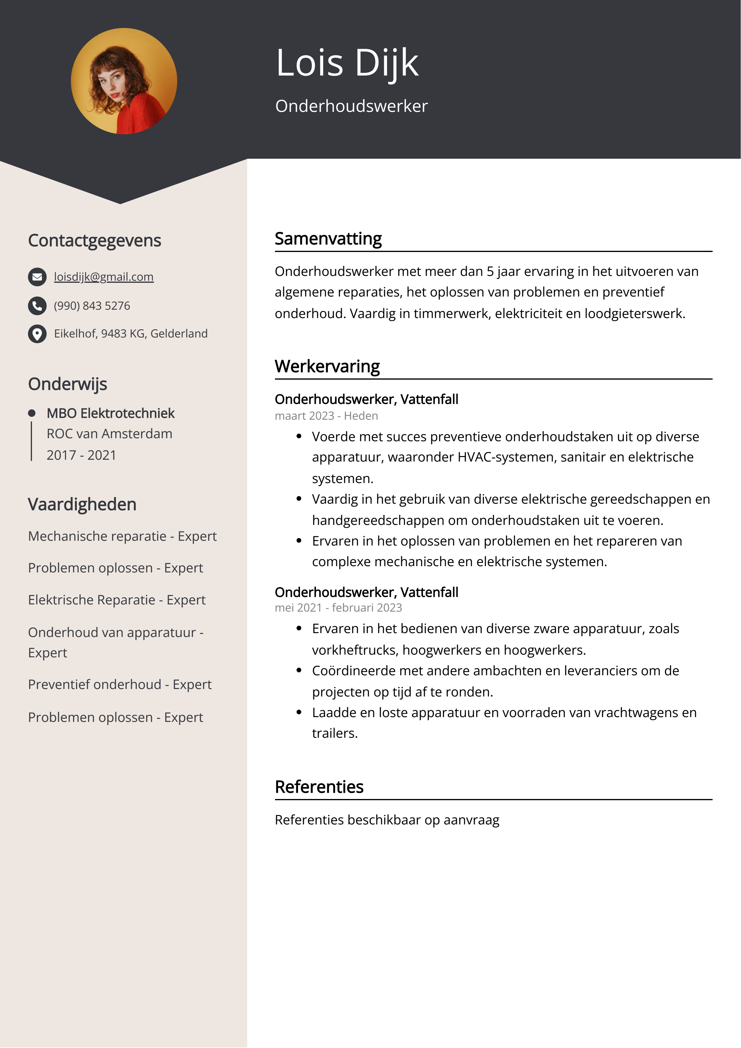 Onderhoudswerker CV Voorbeeld