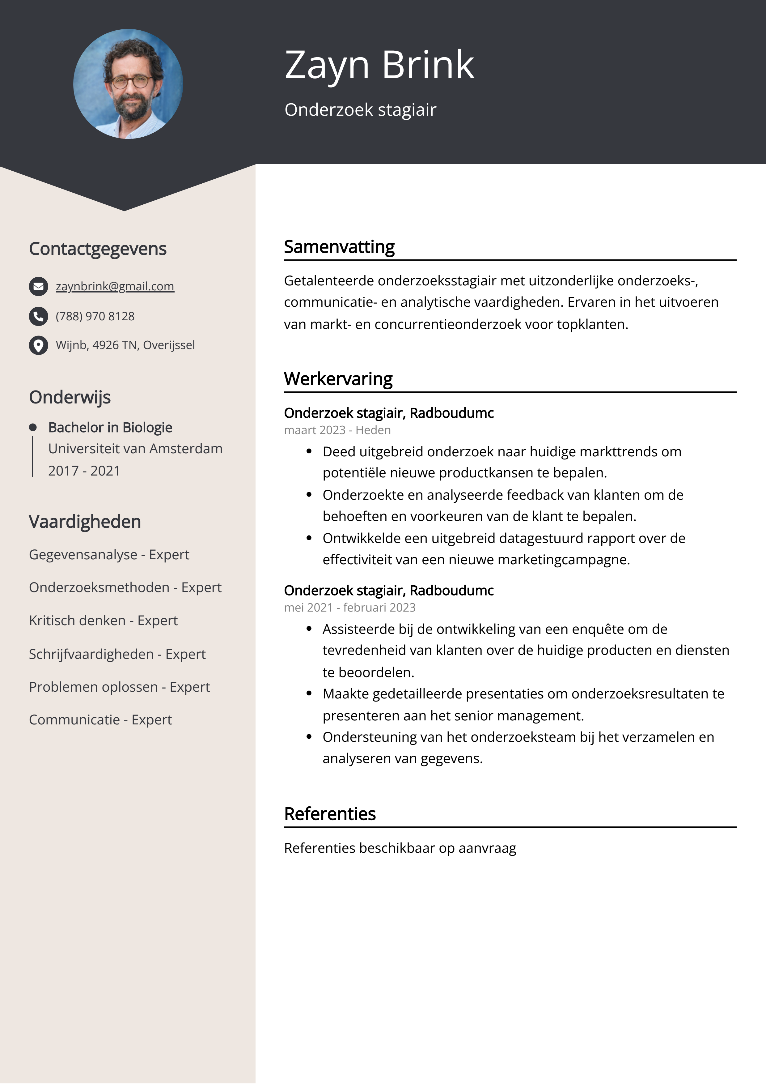 Onderzoek stagiair CV Voorbeeld