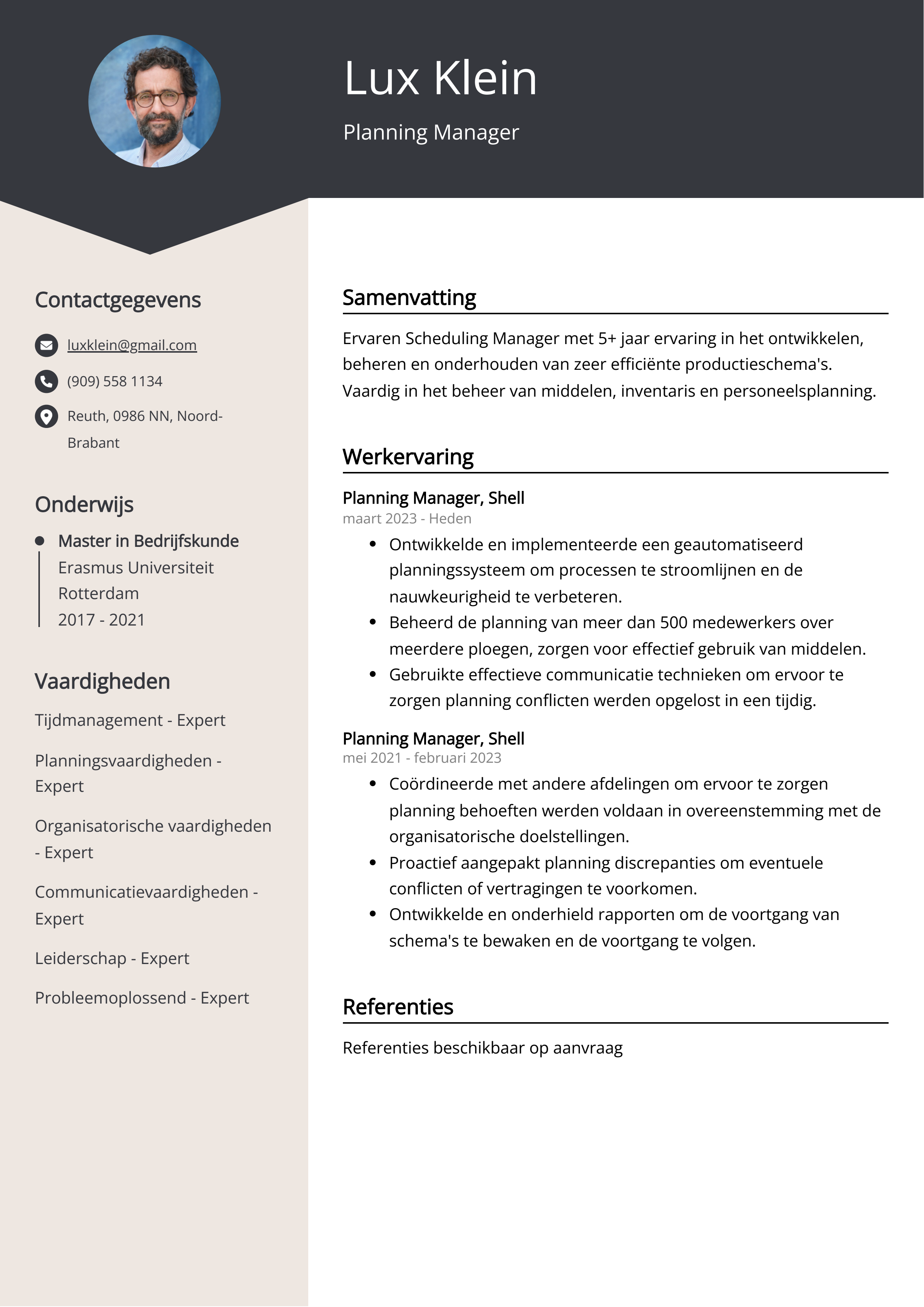 Planning Manager CV Voorbeeld