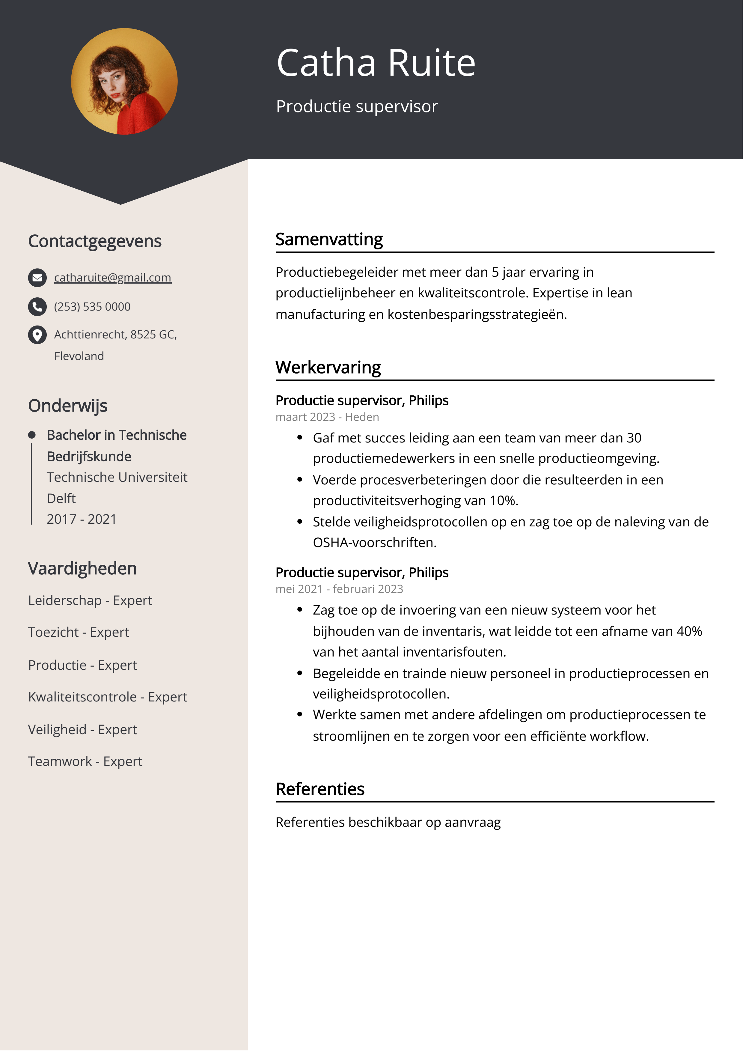 Productie supervisor cv voorbeeld