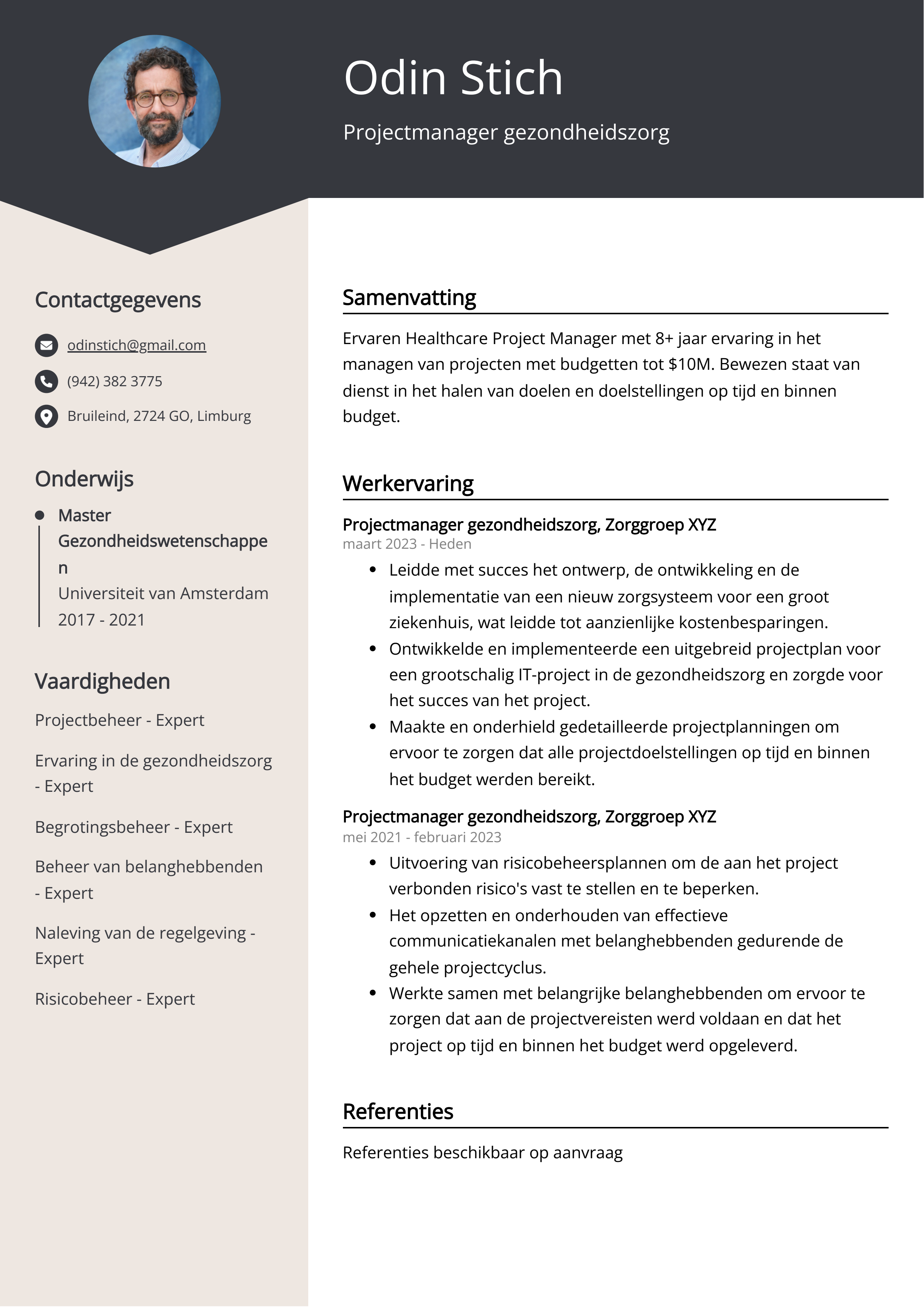 Projectmanager gezondheidszorg Resume Voorbeeld